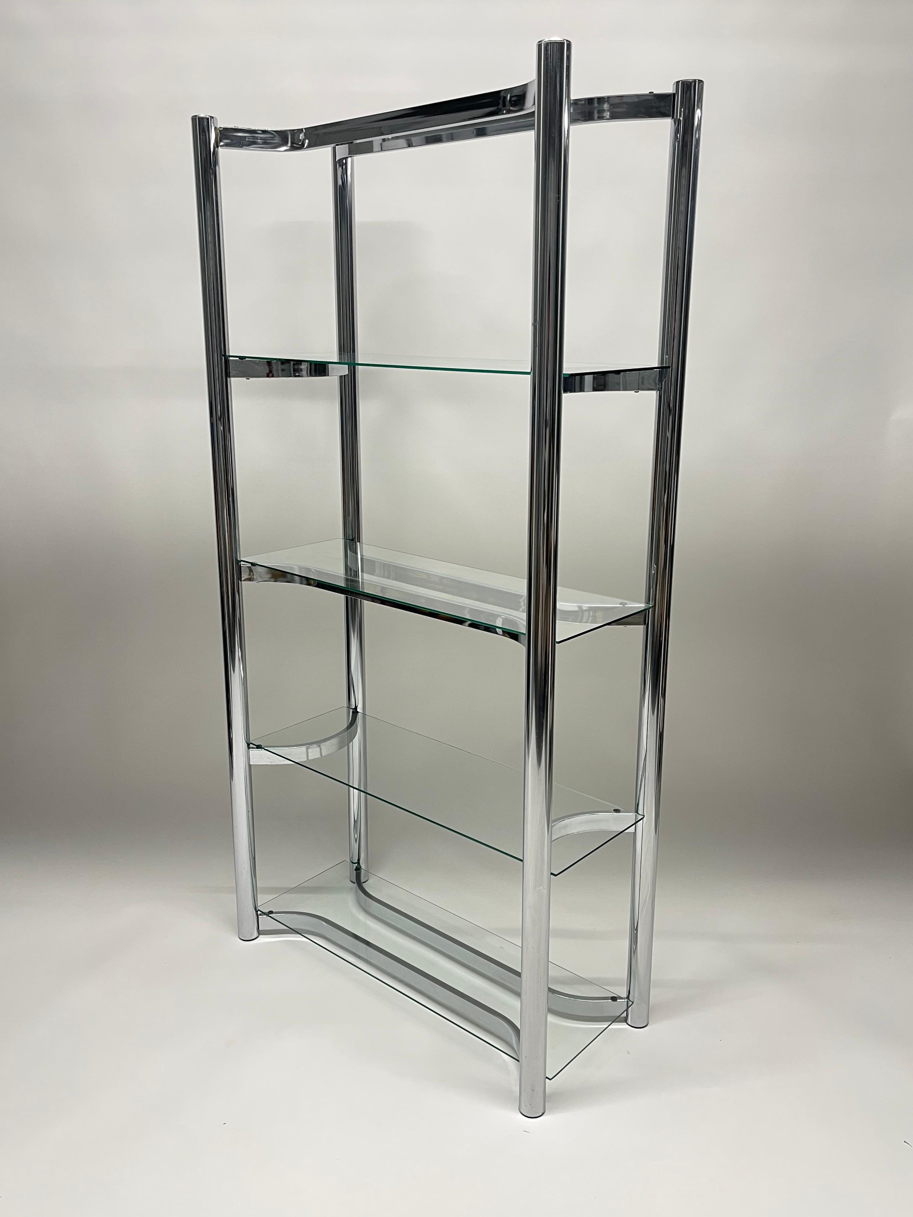 Plated Mid Century Chrome and Glass Etagere Bookcase Shelving For Sale