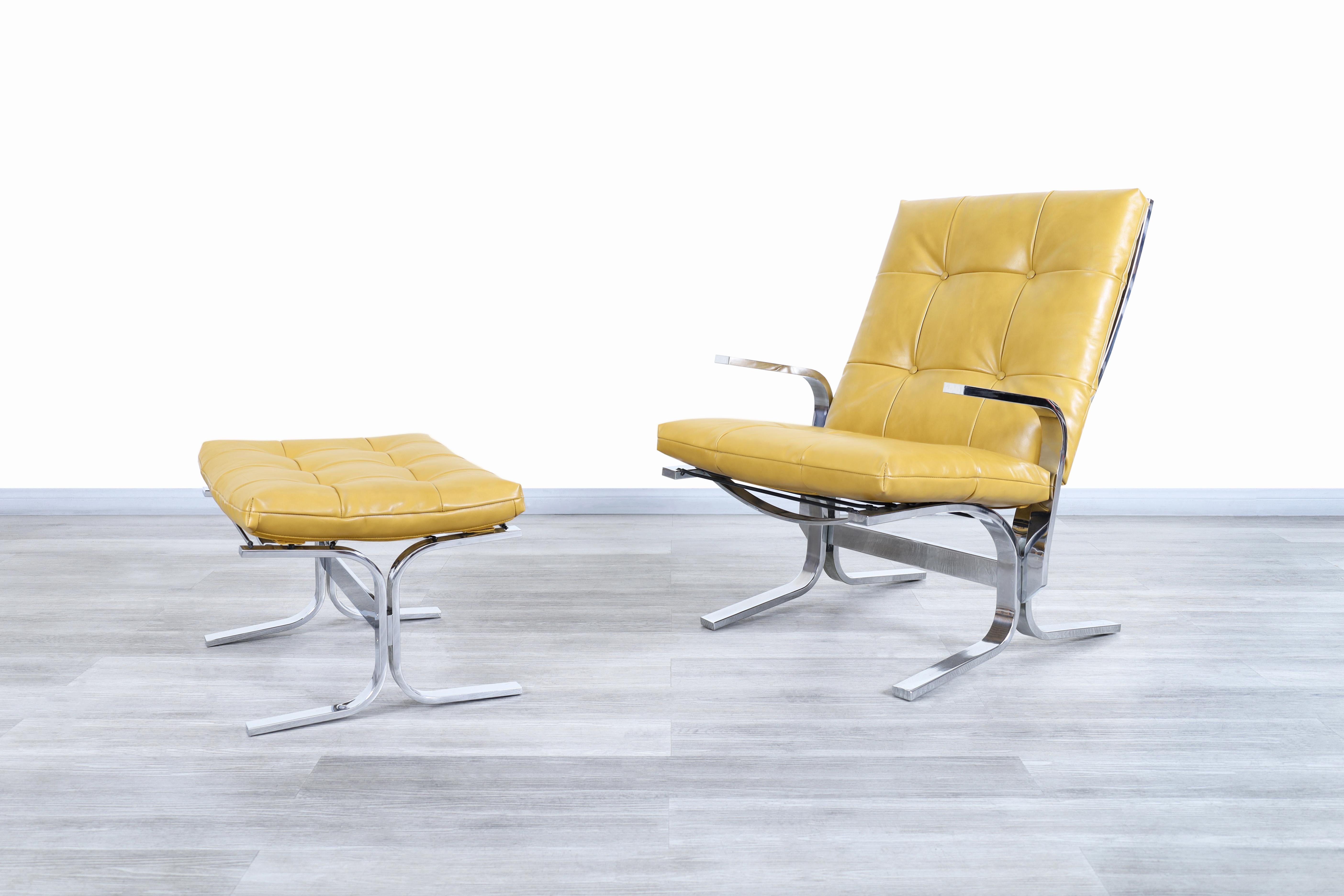 Stunning midcentury chrome and leather lounge chairs and ottoman manufactured in the United States, circa 1970s. The chair and the ottoman have a luxurious design due to the elegant materials used in their construction. Both chair and ottoman have