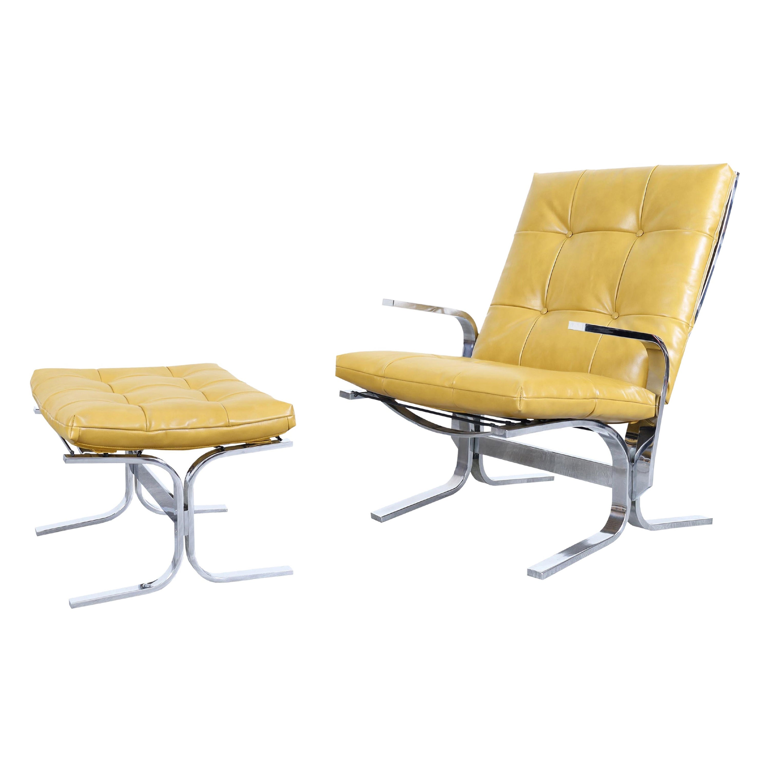 Loungesessel und Ottomane aus Chrom und Leder aus der Mitte des Jahrhunderts