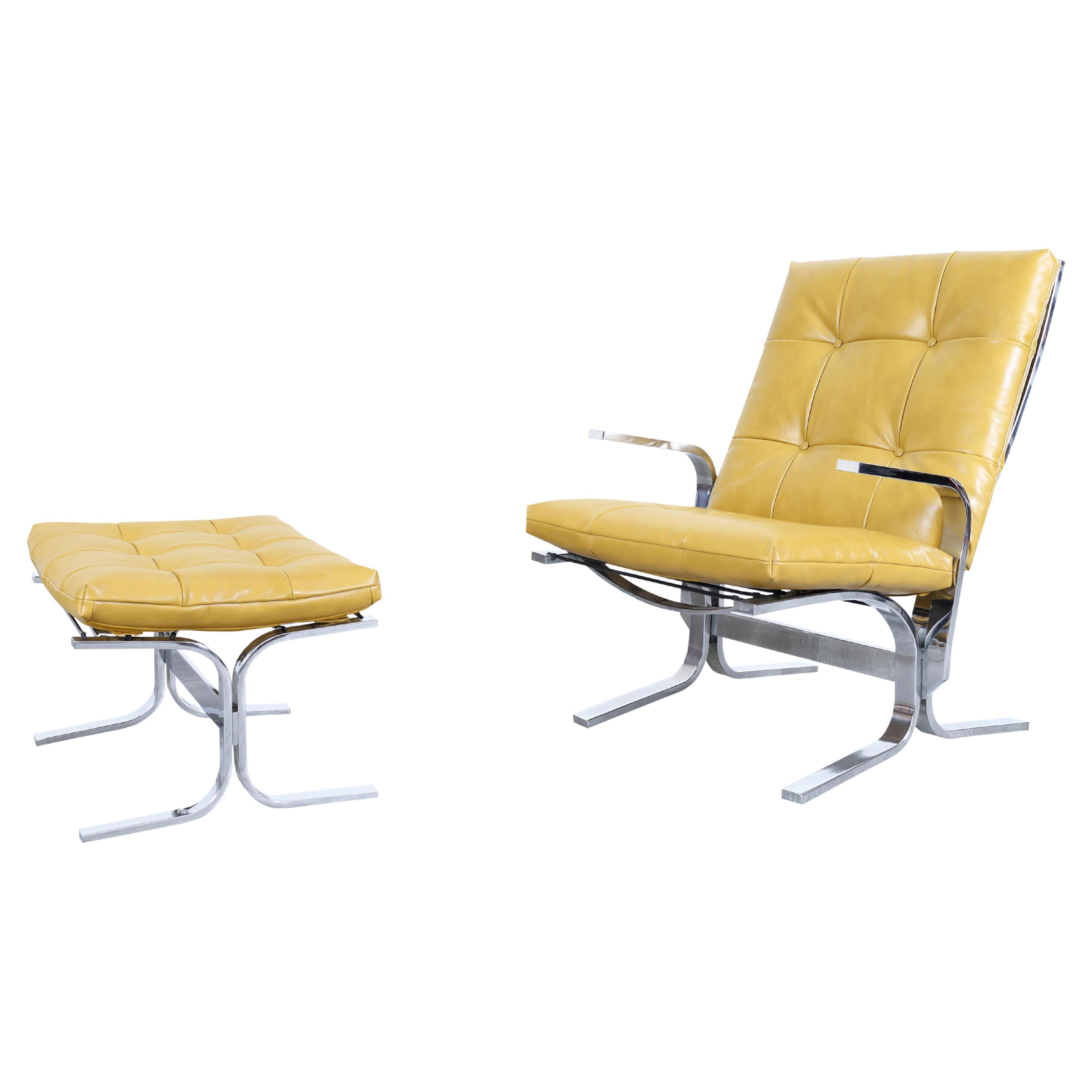 Mid Century Chrome and Leather Lounge Chair and Ottoman