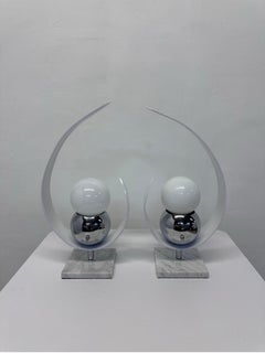 Mid-Century Chrome and Marble Table Lamps With Lacquered Wood Accent - a Pair