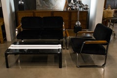 Midcentury Chrome and Mohair Loveseat, Chair and Table Set, 1960s