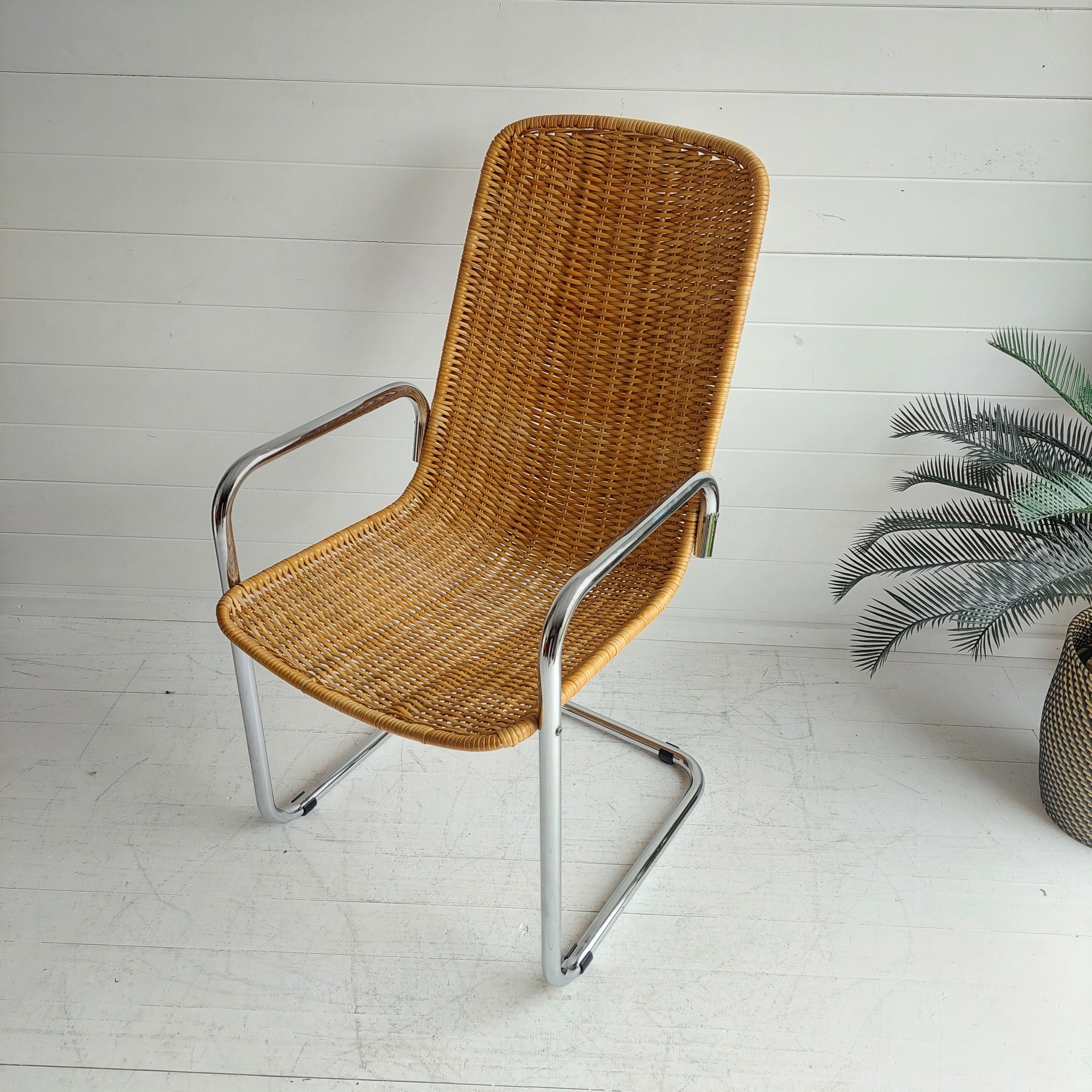 Mid Century Chrome and Rattan Chair Cantilever Breuer MR20 Style Wicker, 1970s 4