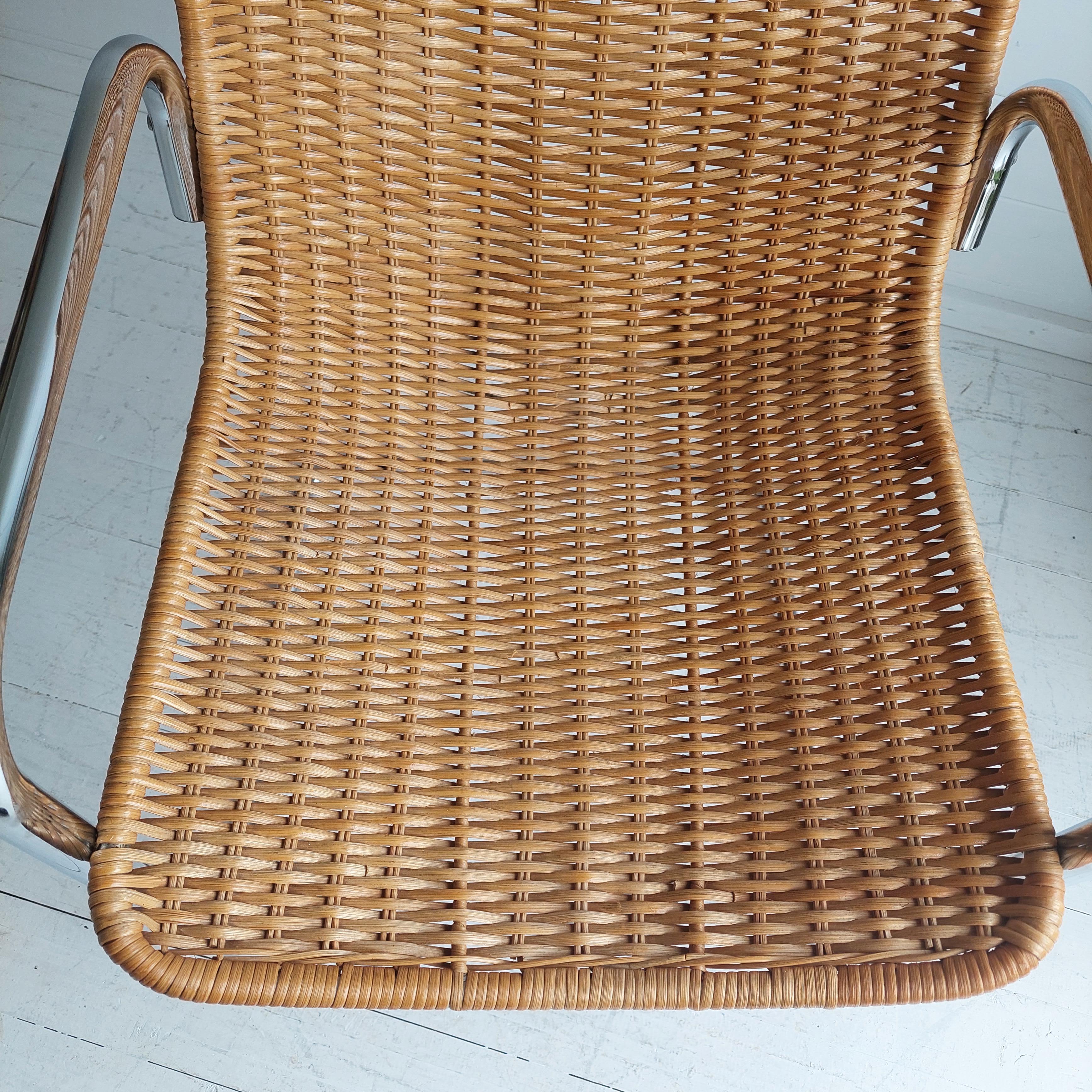 Mid Century Chrome and Rattan Chair Cantilever Breuer MR20 Style Wicker, 1970s 7