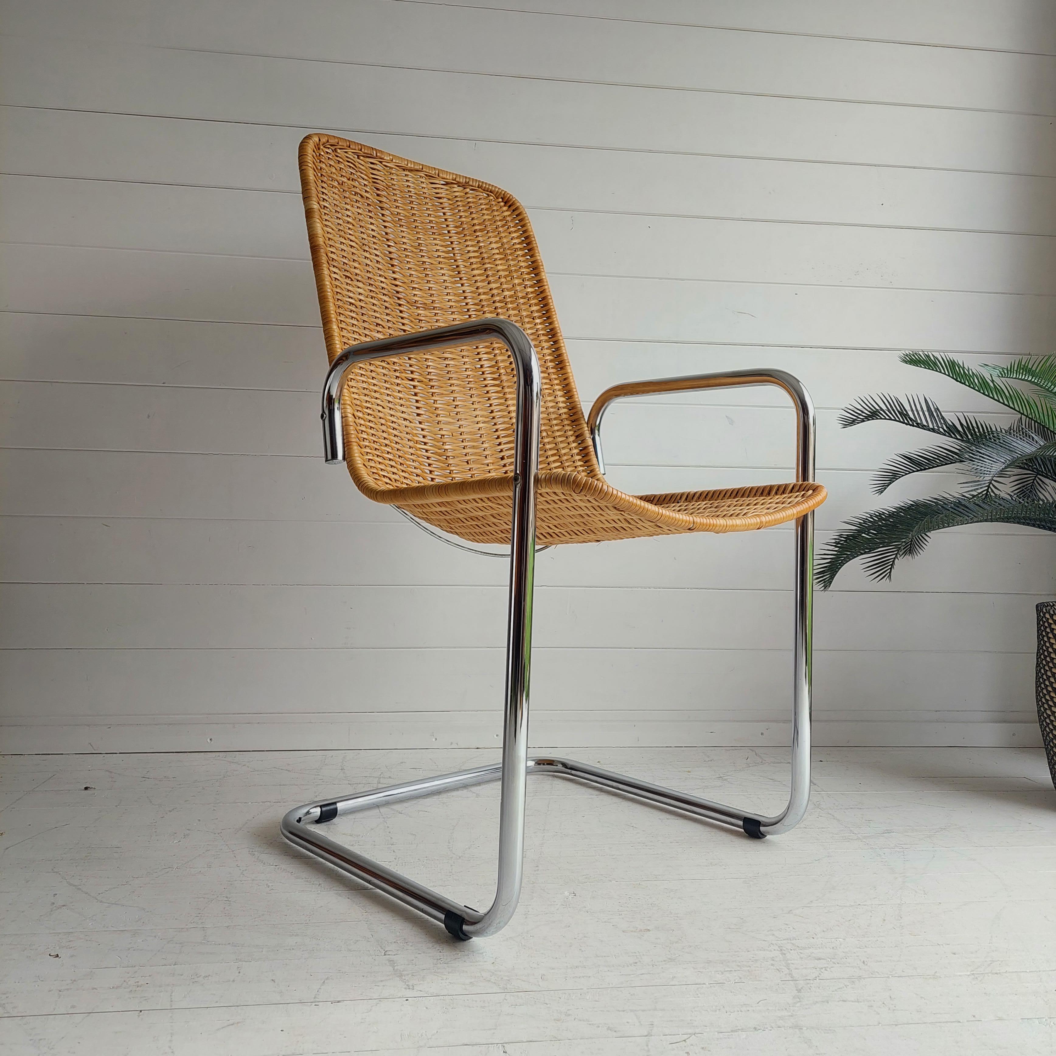 European Mid Century Chrome and Rattan Chair Cantilever Breuer MR20 Style Wicker, 1970s