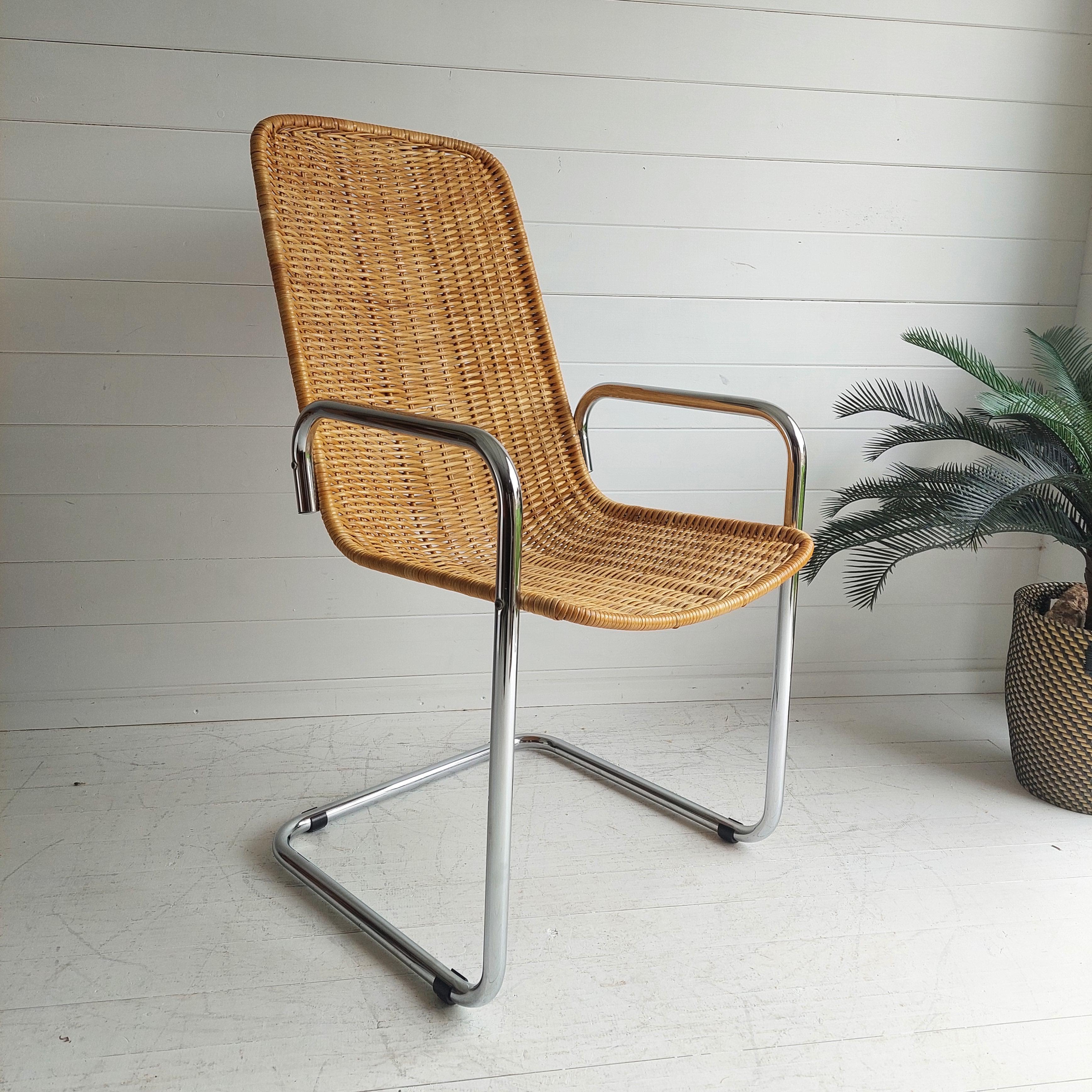 Mid Century Chrome and Rattan Chair Cantilever Breuer MR20 Style Wicker, 1970s In Good Condition In Leamington Spa, GB