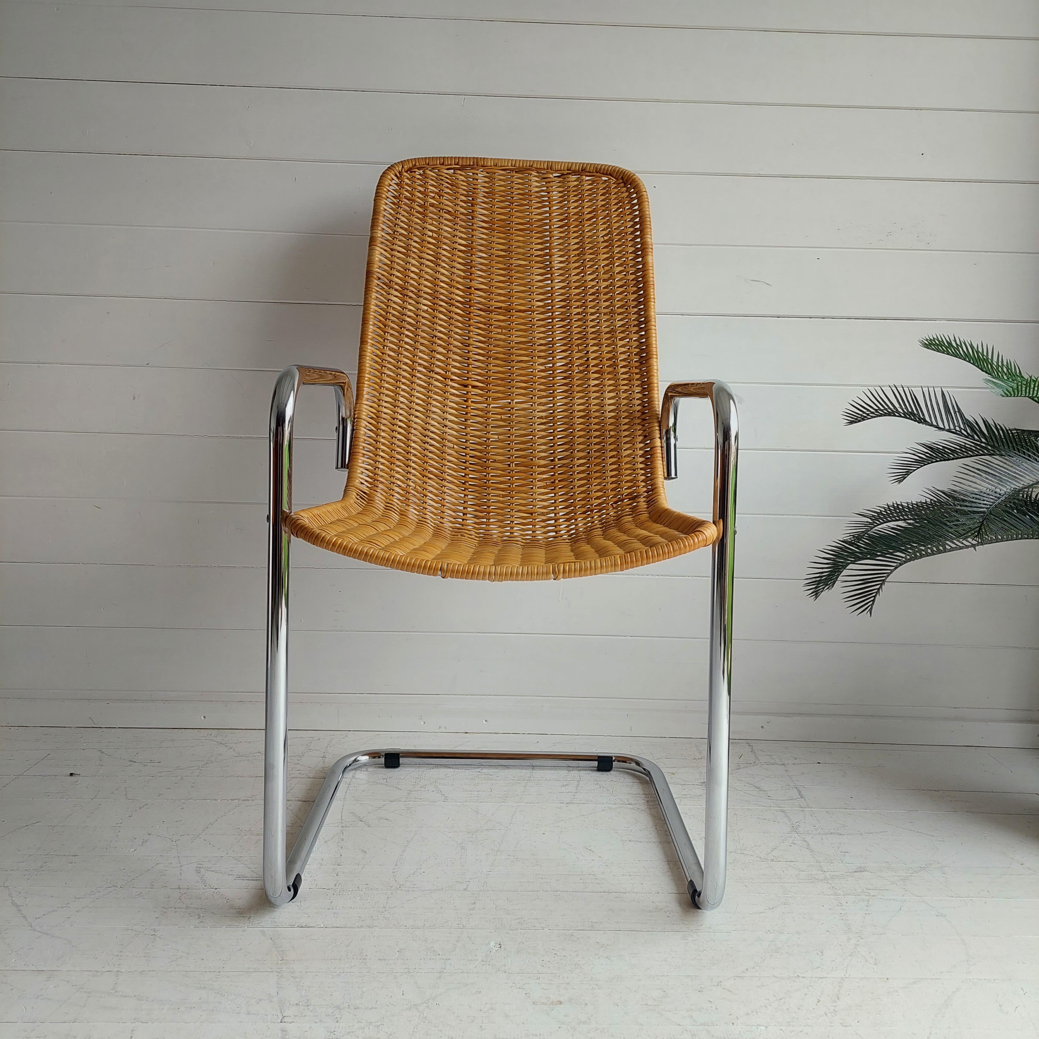 20th Century Mid Century Chrome and Rattan Chair Cantilever Breuer MR20 Style Wicker, 1970s