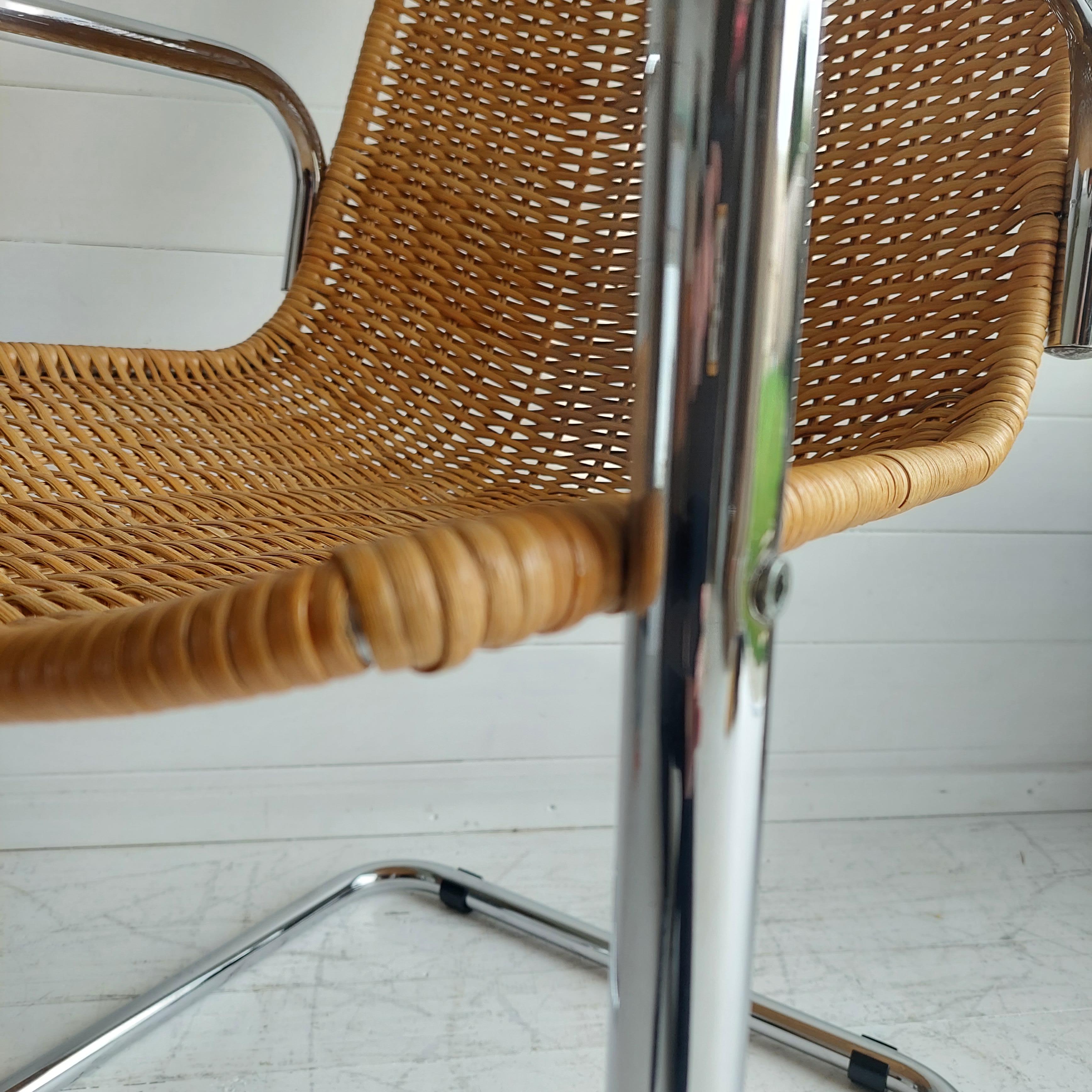 Mid Century Chrome and Rattan Chair Cantilever Breuer MR20 Style Wicker, 1970s 2