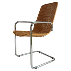 Mid Century Chrome and Rattan Chair Cantilever Breuer MR20 Style Wicker, 1970s