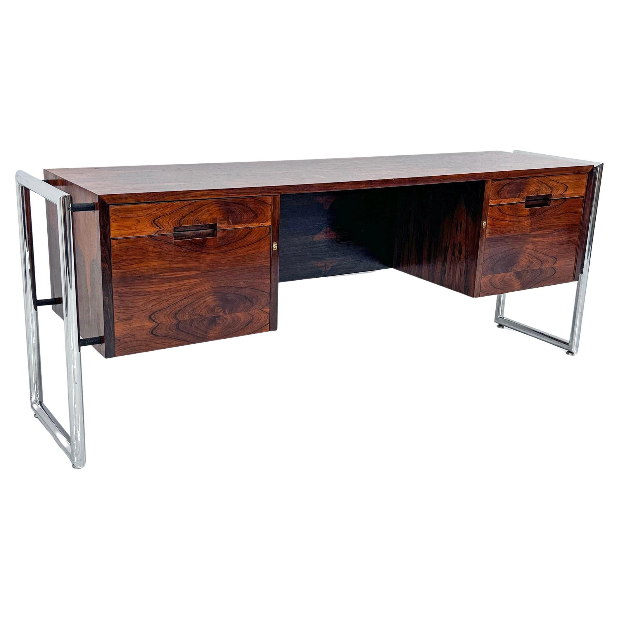 Mid Century Chrome and Rosewood Wrapped Desk by Scandiline Furniture, 1970's