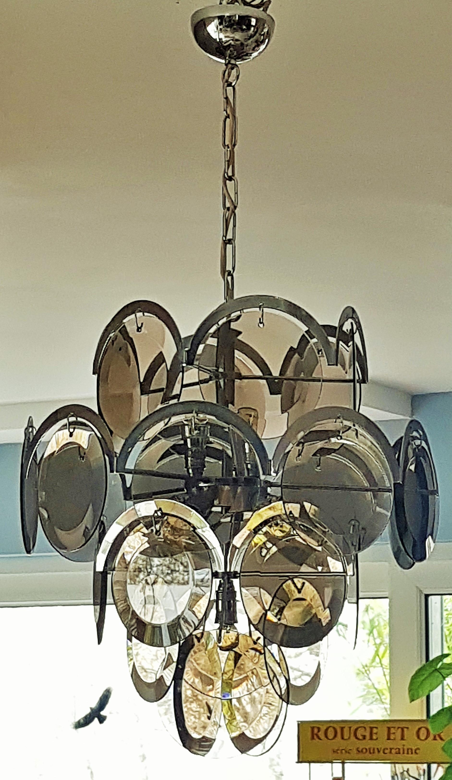 Mid-Century Chrome and Smoked Glass Chandelier by Vistosi, Italy, 1960s For Sale 4