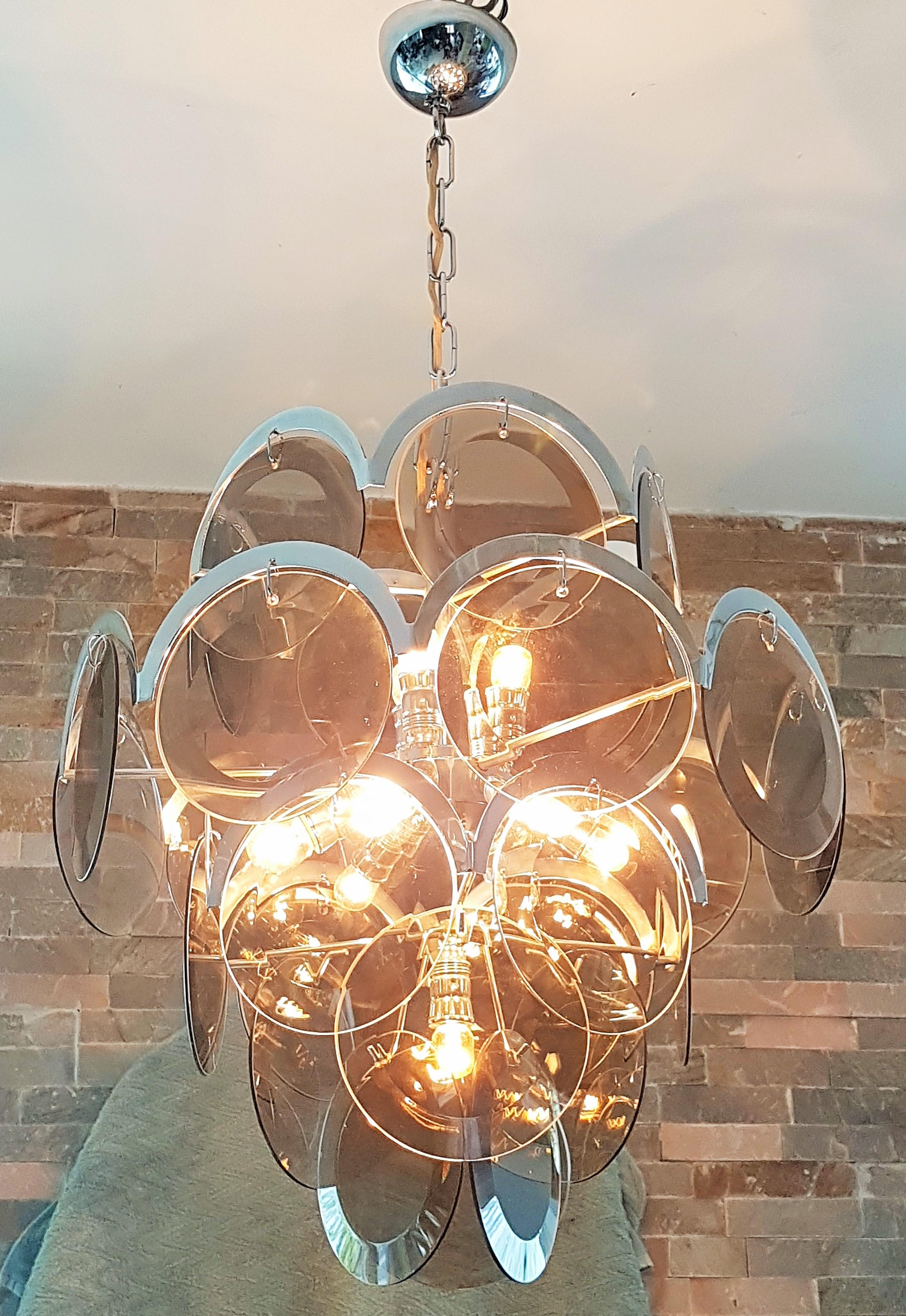 Italian Mid-Century Chrome and Smoked Glass Chandelier by Vistosi, Italy, 1960s For Sale