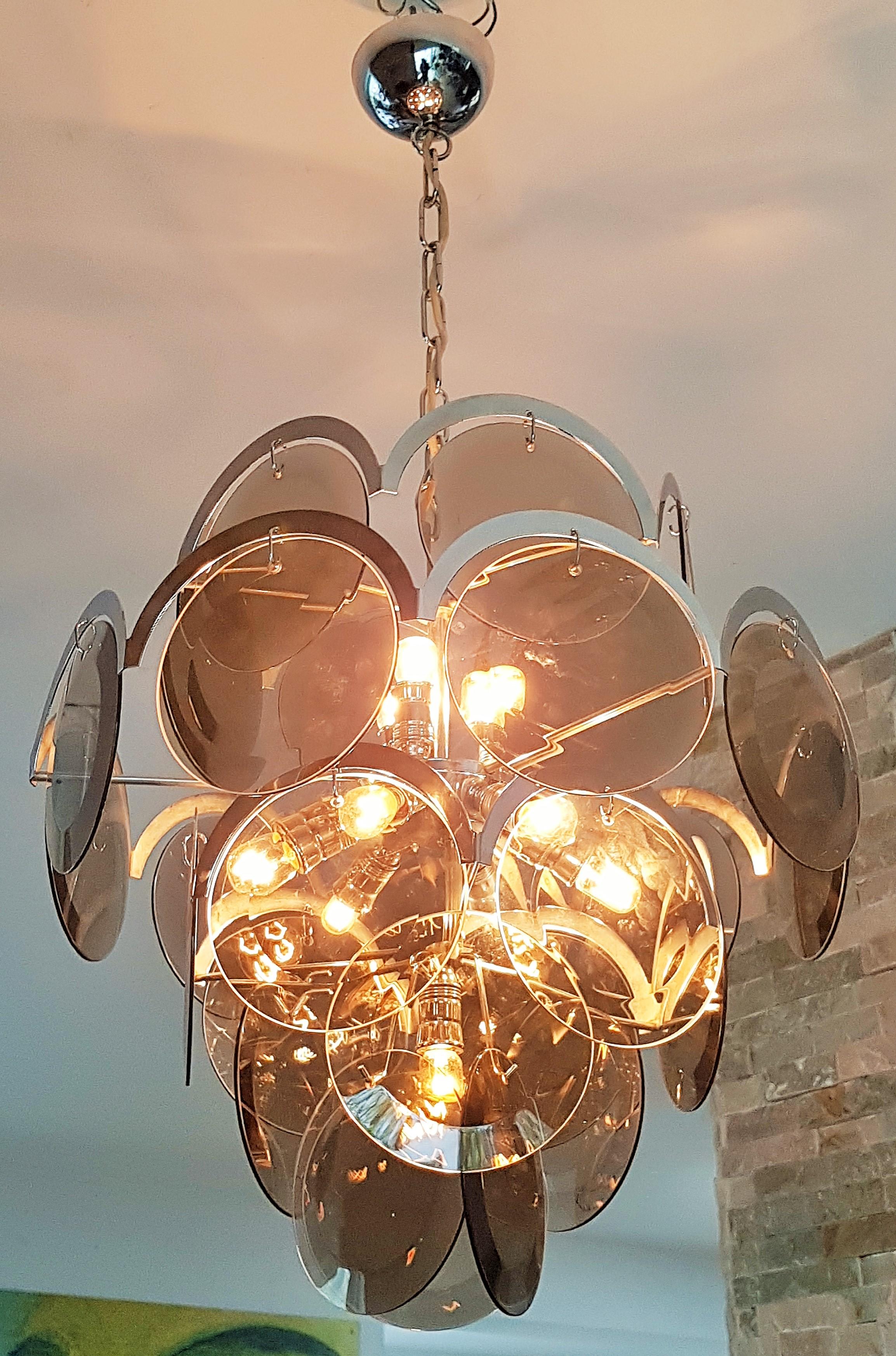 Mid-Century Chrome and Smoked Glass Chandelier by Vistosi, Italy, 1960s In Good Condition For Sale In Saarbruecken, DE