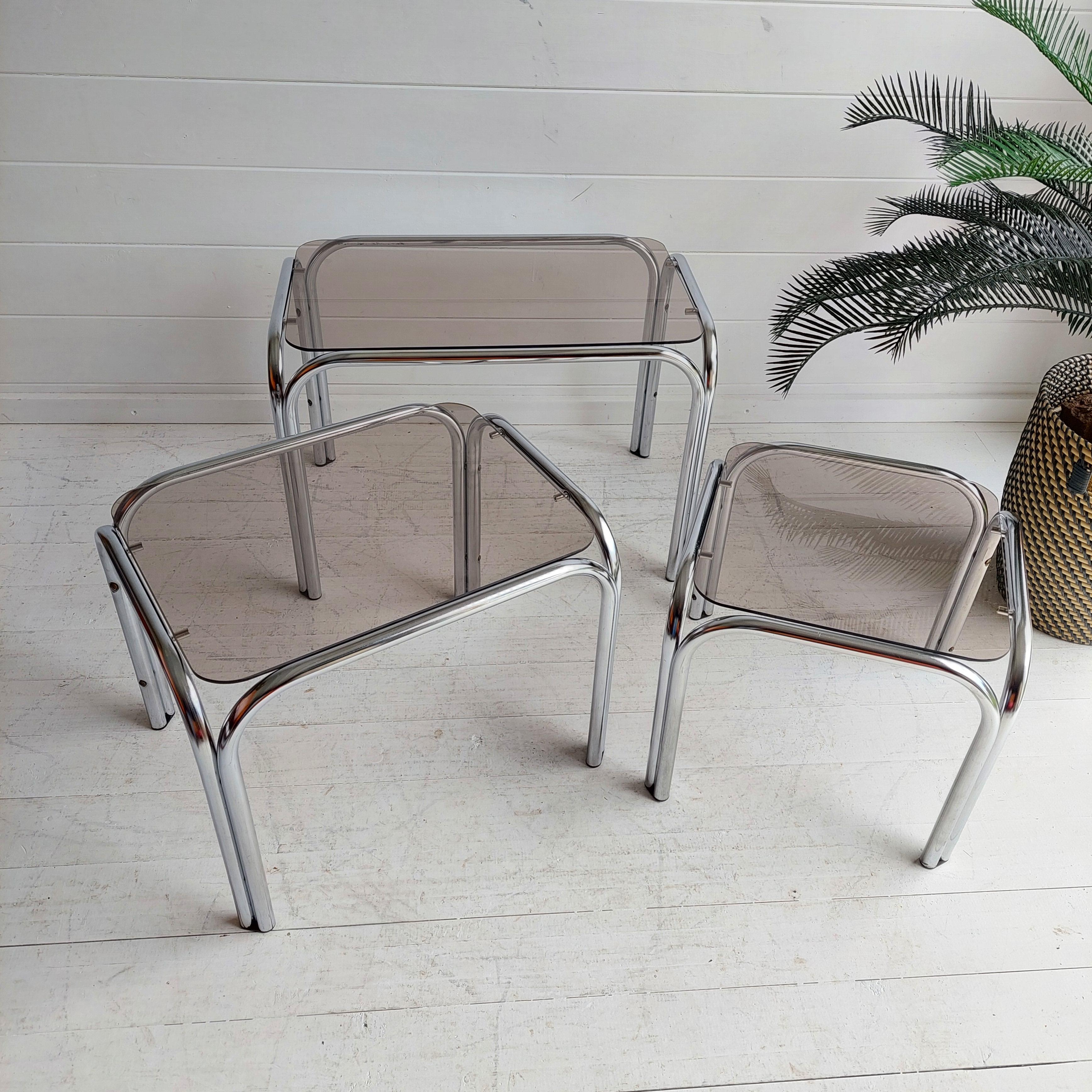 European Mid Century Chrome and Smoked Glass Nesting Tables, 1970s