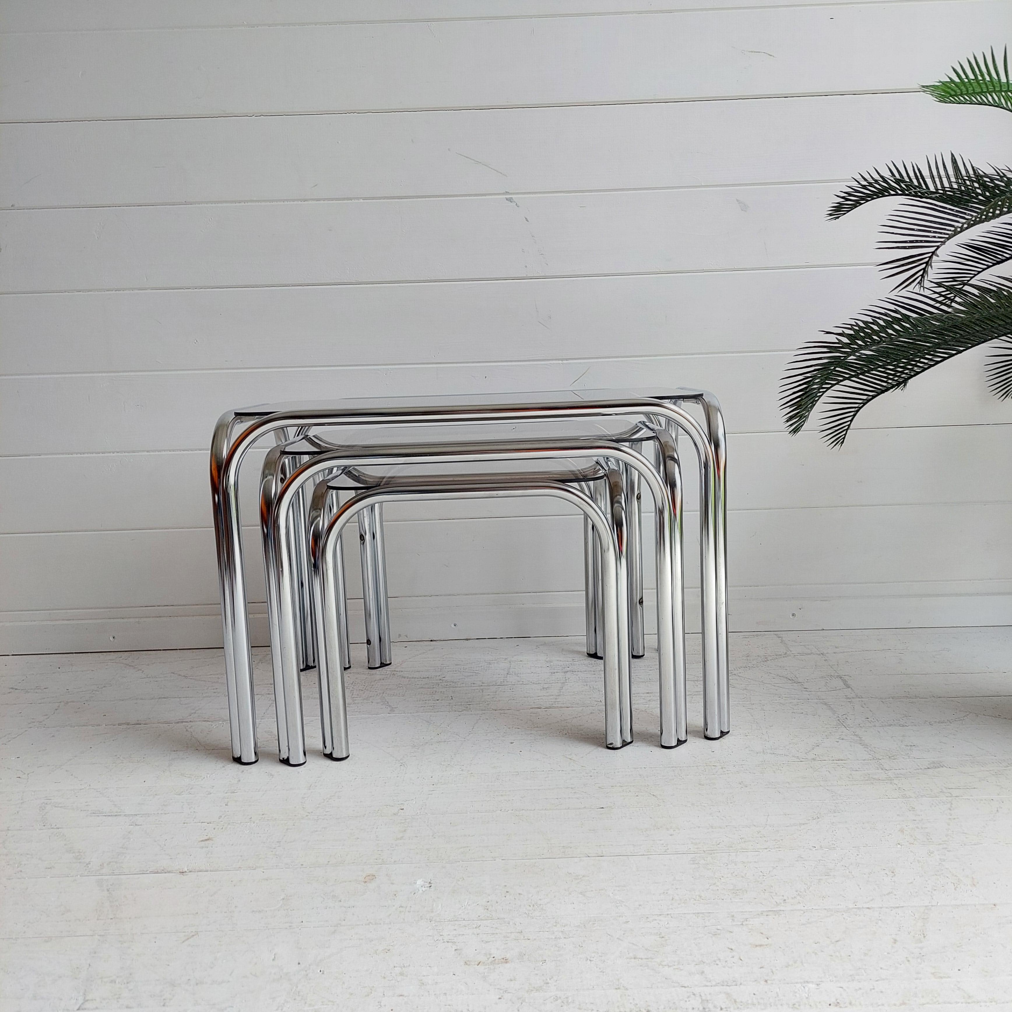 Mid Century Chrome and Smoked Glass Nesting Tables, 1970s 2