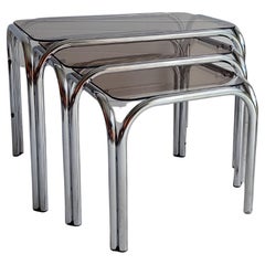 Mid Century Chrome and Smoked Glass Nesting Tables, 1970s