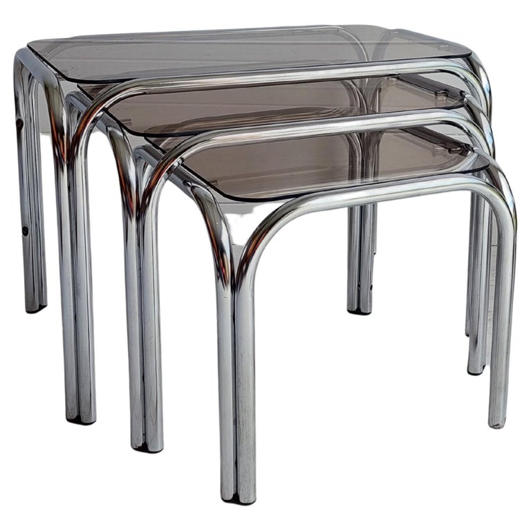 Mid Century Chrome and Smoked Glass Nesting Tables, 1970s For