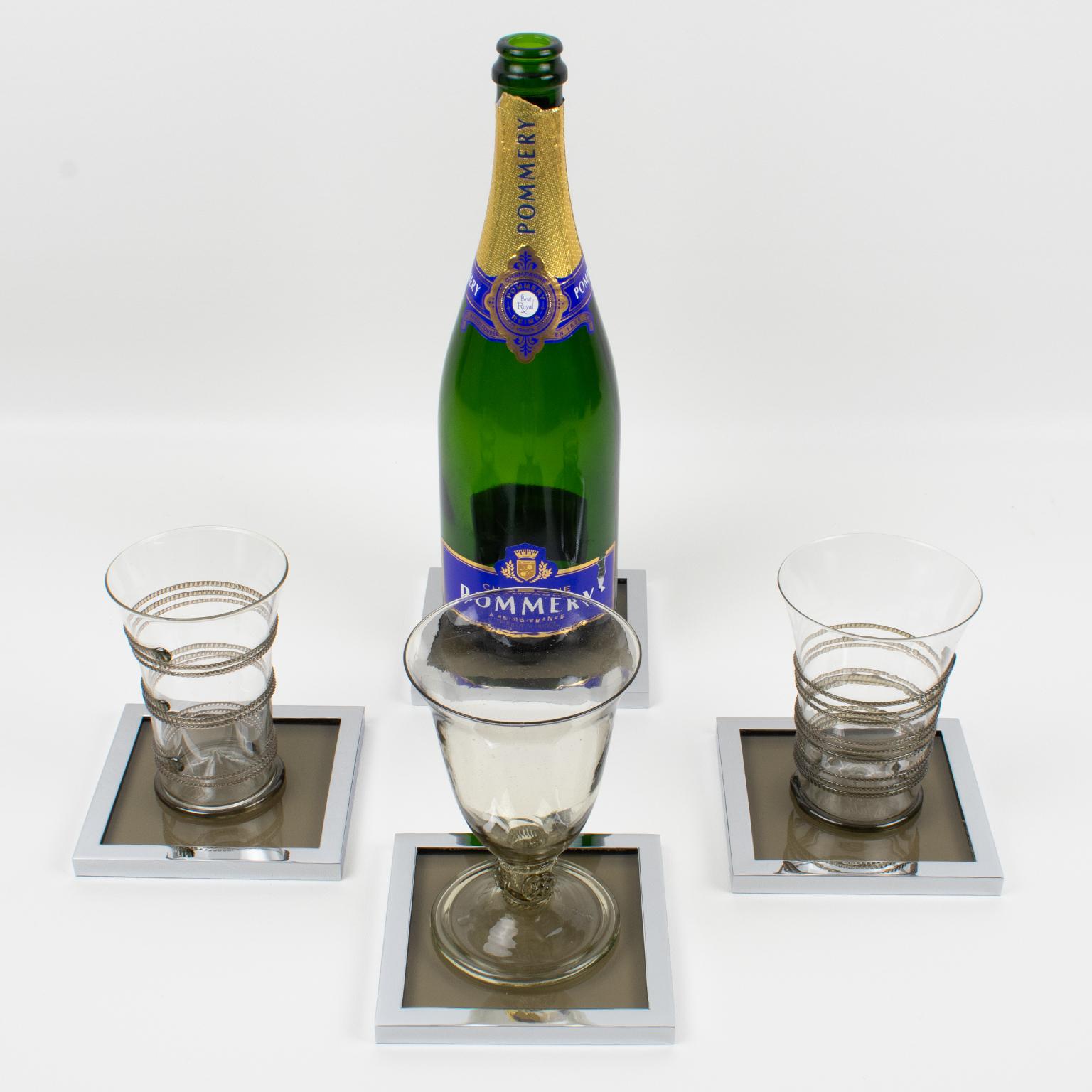 Mid-Century Chrome and Smoked Glass Wine Bottle Barware Coasters Set, in Box For Sale 3