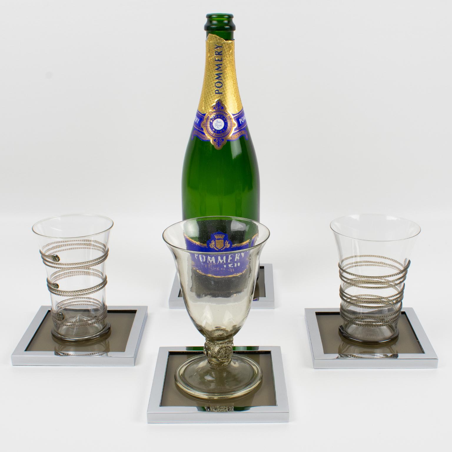 Mid-Century Chrome and Smoked Glass Wine Bottle Barware Coasters Set, in Box For Sale 4