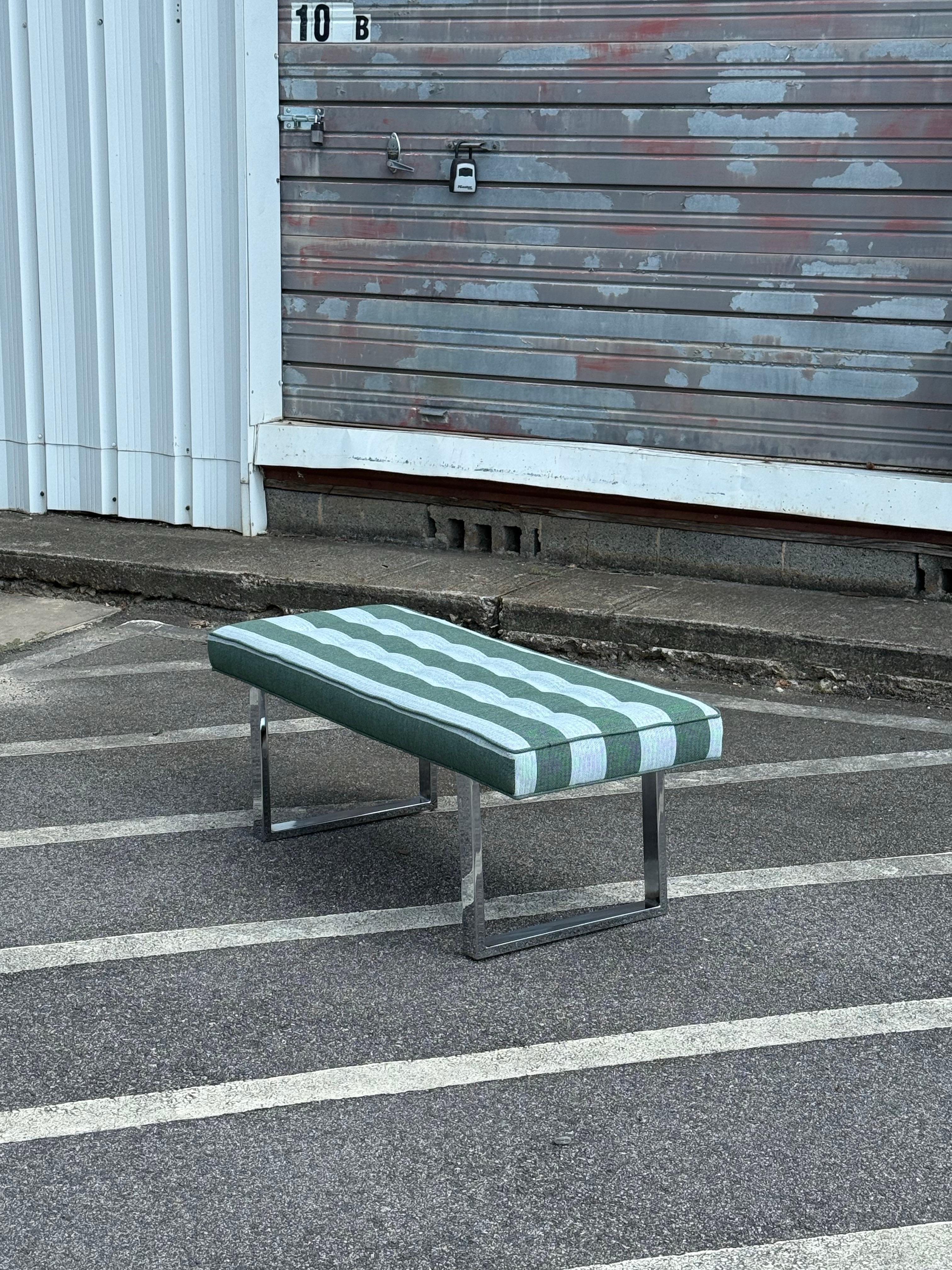 Mid-Century Chrome and Striped Bench In Good Condition For Sale In Raleigh, NC