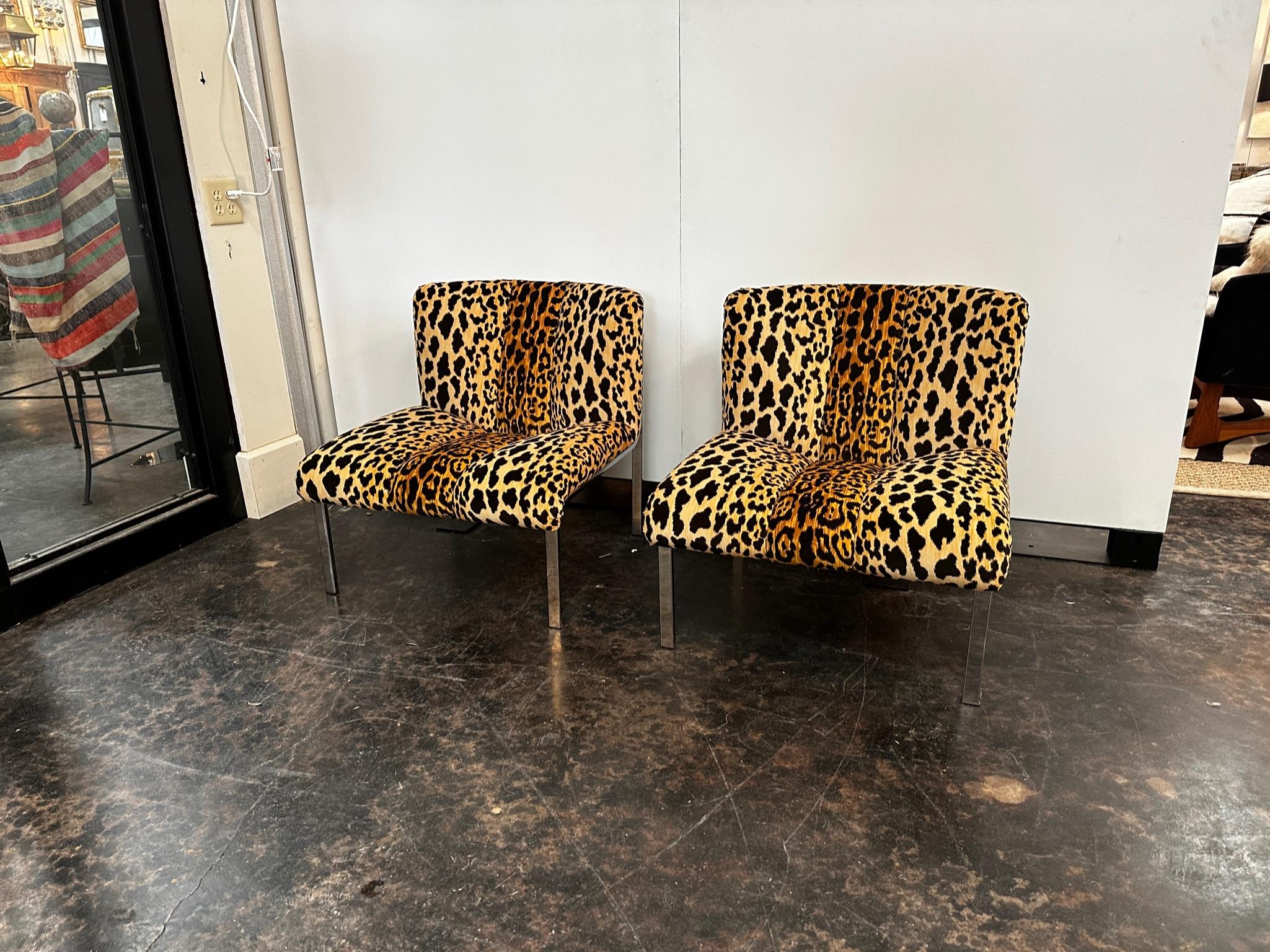 This pair of  fabulous Chrome and Leopard Slipper Chairs are show stoppers.  Original Chrome with updated fabric, these nicely scaled chairs are comfortable for any location.  

To View all of our listings at Shop Tiffany/Tiffany Farha Design, 