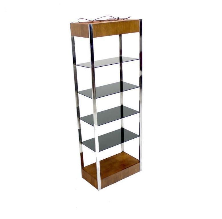 Mid Century Chrome and Walnut Frame Smoked Glass Shelves Lighted  Etagere MINT! For Sale 3
