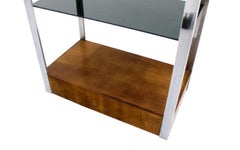 Mid Century Chrome and Walnut Frame Smoked Glass Shelves Lighted  Etagere MINT!