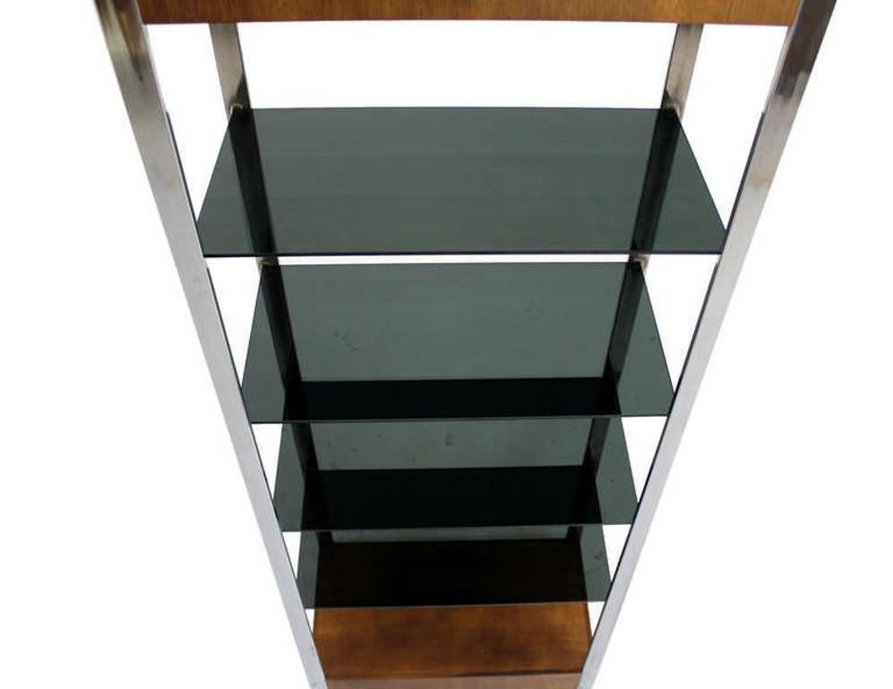 Mid-Century Modern Mid Century Chrome and Walnut Frame Smoked Glass Shelves Lighted  Etagere MINT! For Sale