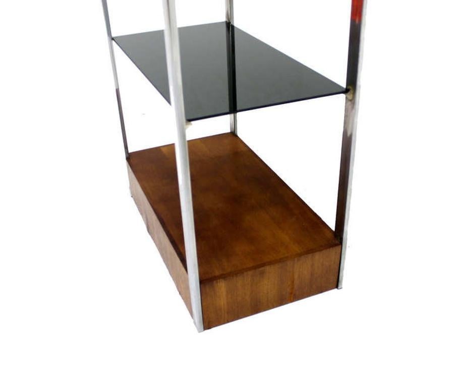 Oiled Mid Century Chrome and Walnut Frame Smoked Glass Shelves Lighted  Etagere MINT! For Sale