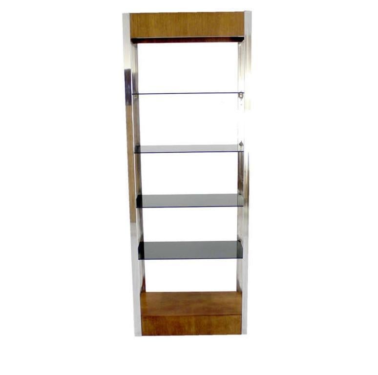 Mid Century Chrome and Walnut Frame Smoked Glass Shelves Lighted  Etagere MINT! For Sale 1