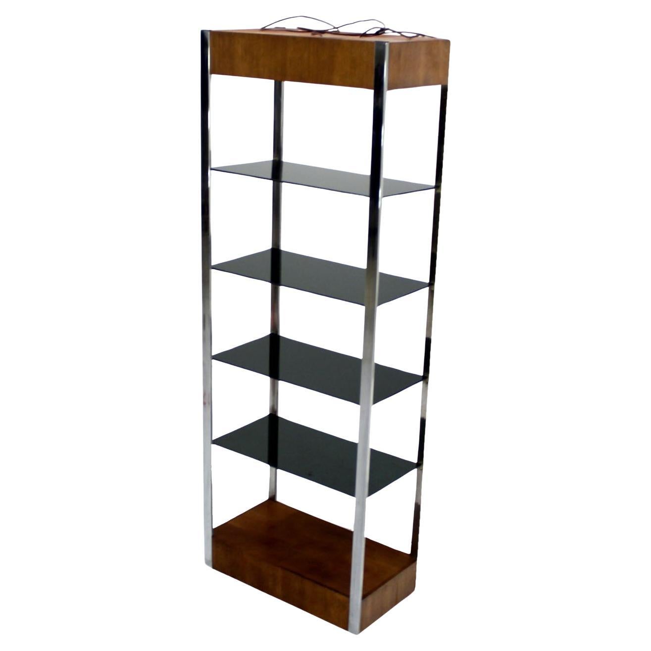 Mid Century Chrome and Walnut Frame Smoked Glass Shelves Lighted  Etagere MINT!