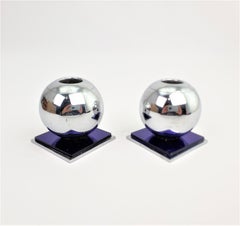 Mid-Century Chrome Ball & Steel Based Candlesticks with Cobalt Blue Accents