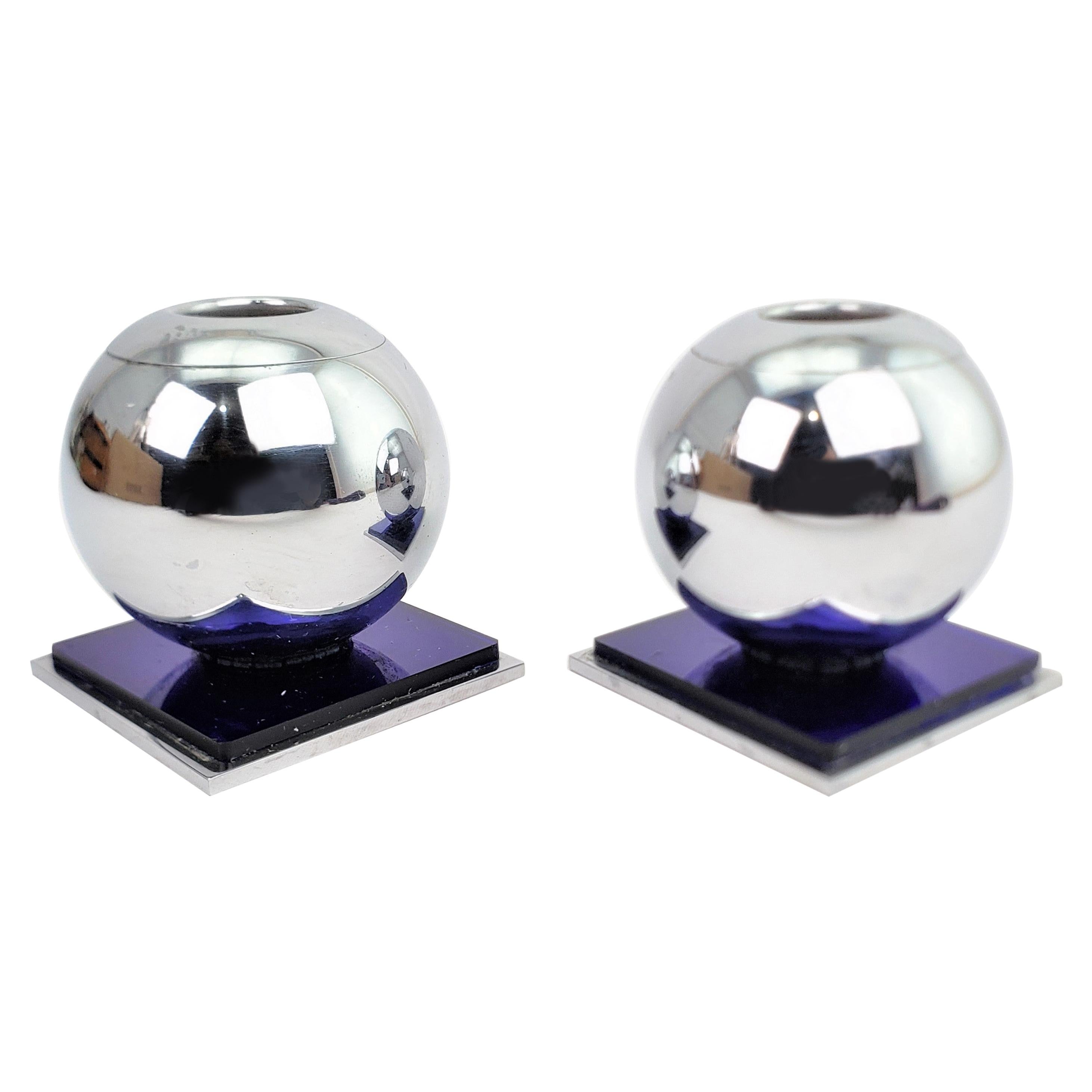Mid-Century Chrome Ball & Steel Based Candlesticks with Cobalt Blue Accents For Sale