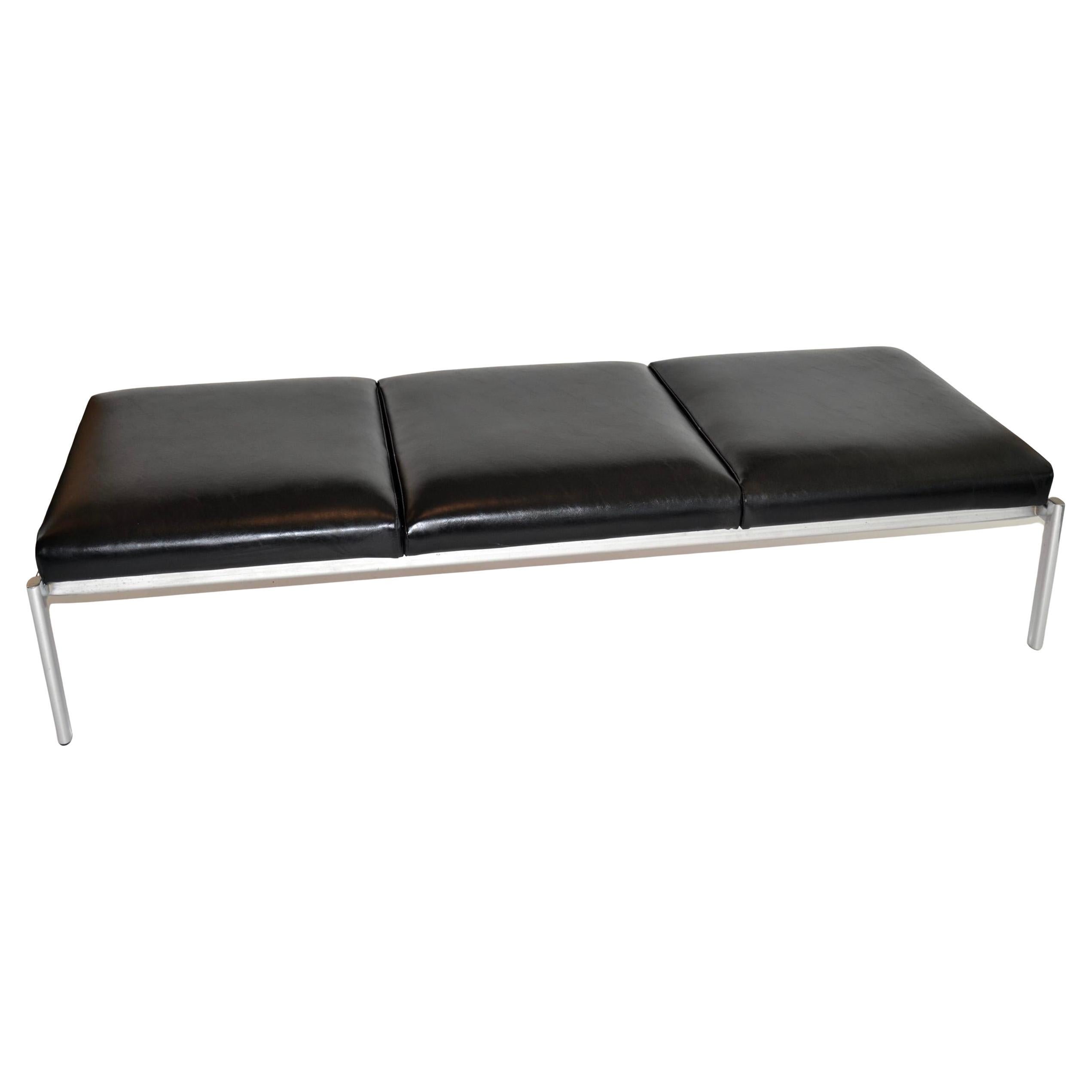 Mid Century Chrome Black leather 3 seat Bench Early production by Designer Ilmari Tapiovaara for Stendig furniture chrome bench with original label. Made in Finland. Located in Brooklyn NYC.

Measures 68” x 26” x 14” high
