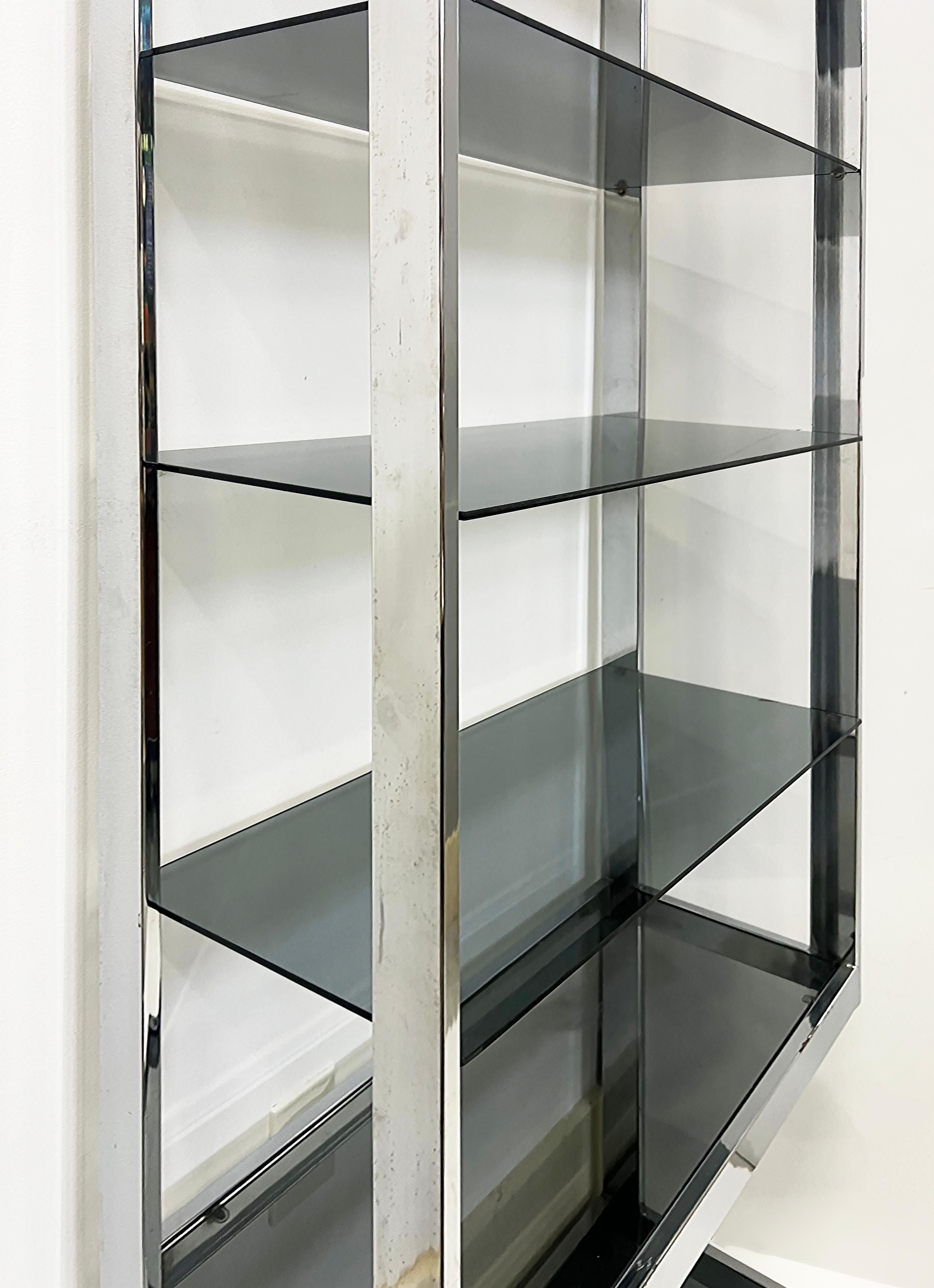 Glass Mid-century Chrome Bookshelves Etageres, Milo Baughman Style, Pair For Sale