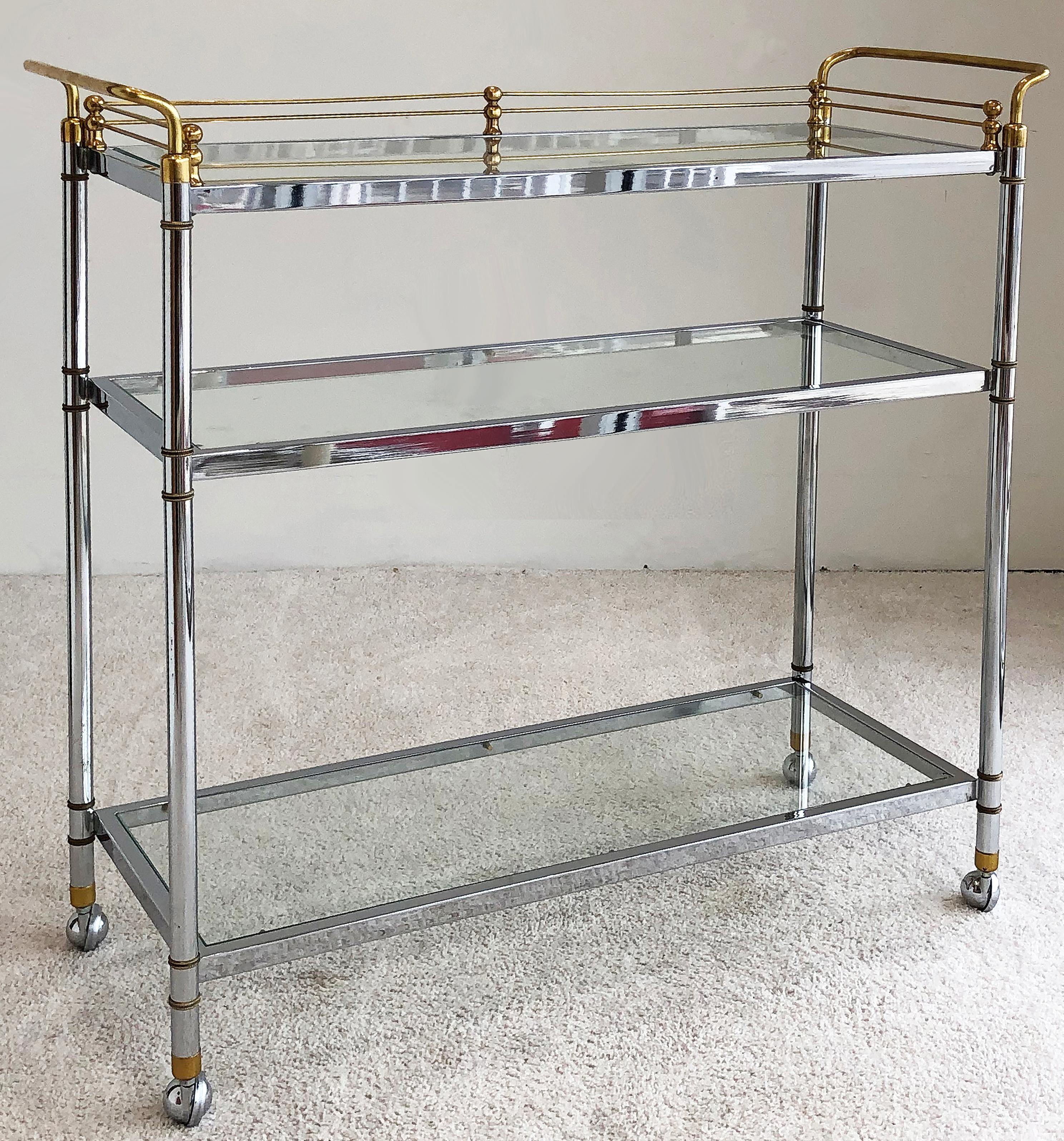 Midcentury Chrome/Brass Maison Jansen Style Bar Cart on Casters In Good Condition In Miami, FL