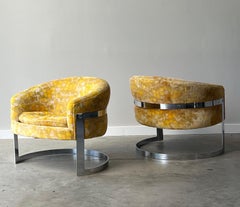Mid Century Chrome Cantilever Lounge Chairs in the Style of Milo Baughman
