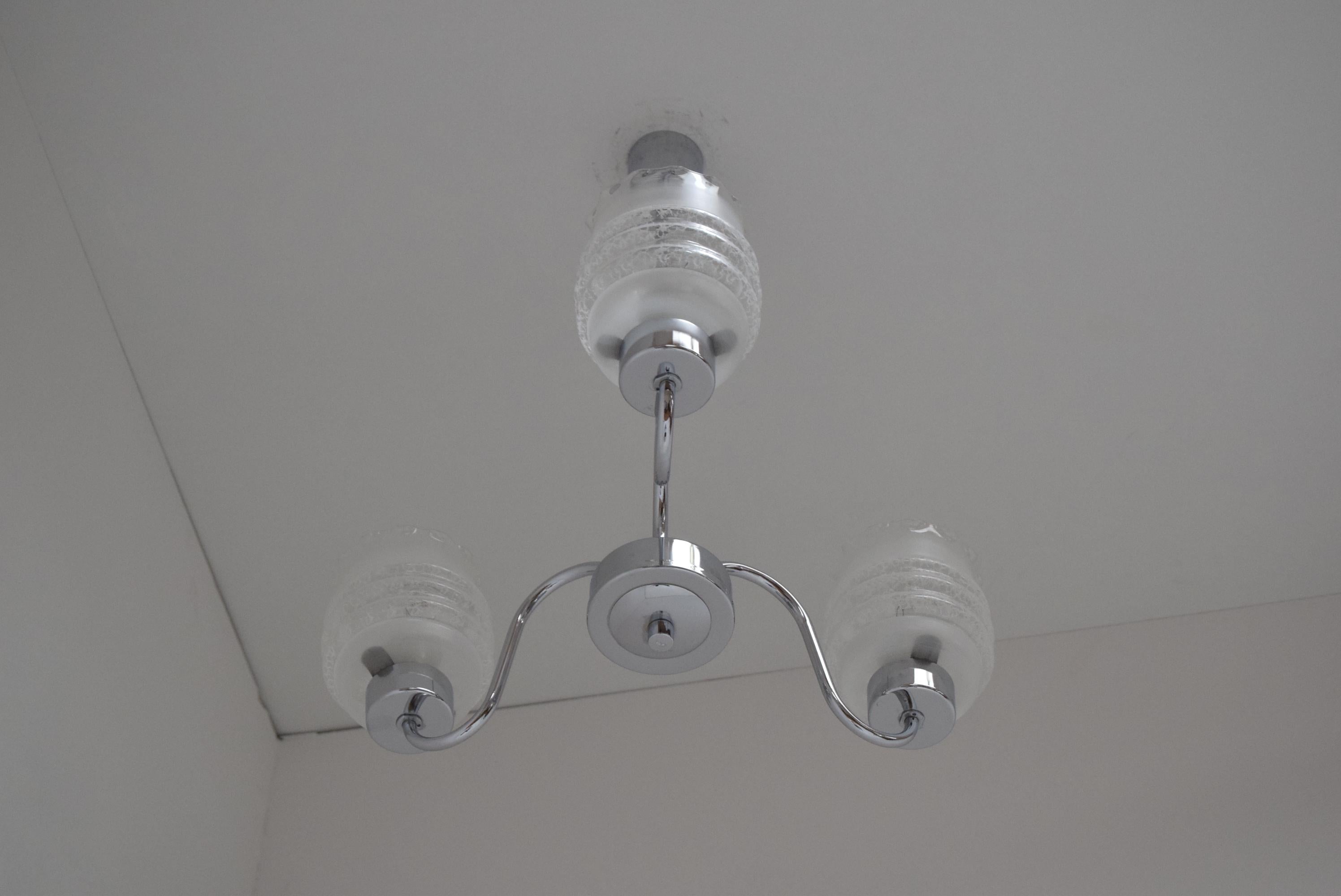 Glass Mid-Century Chrome Chandelier, Czechoslovakia, 1970’s For Sale