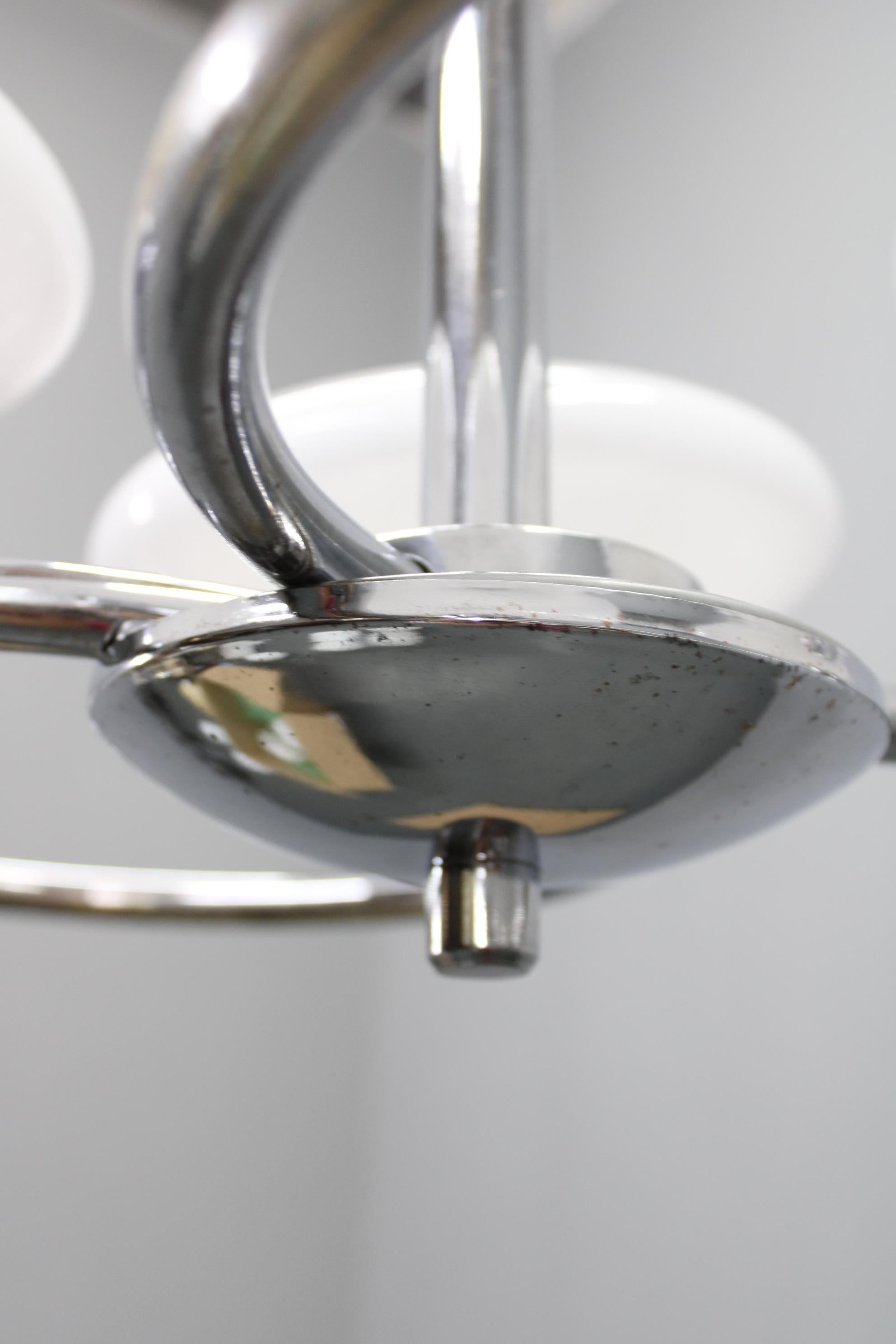 Mid-Century Chrome Chandelier with Milk-Glass Disc Shades, Czechoslovakia, 1950s in vendita 2