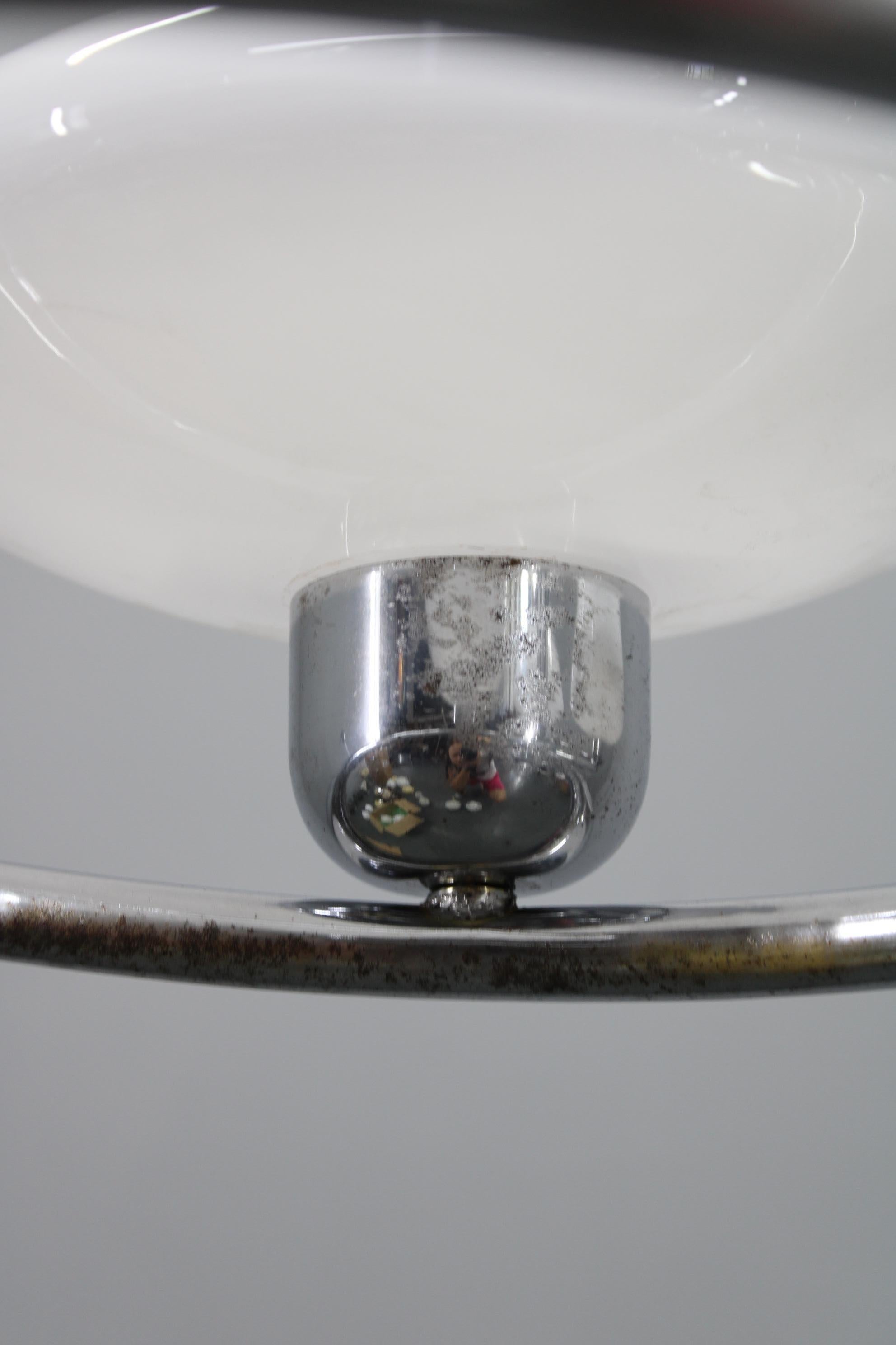 Mid-Century Chrome Chandelier with Milk-Glass Disc Shades, Czechoslovakia, 1950s in vendita 3