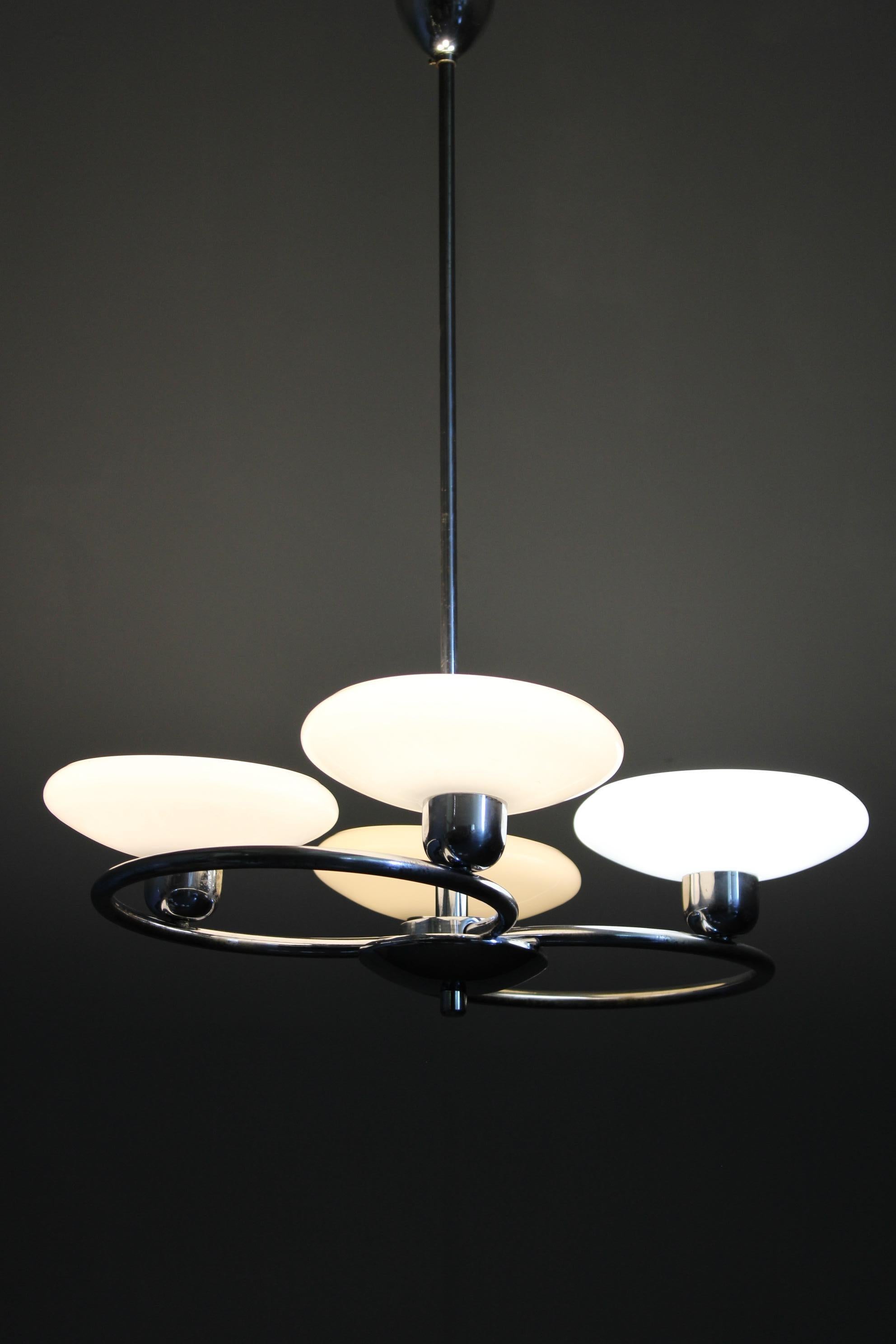 Mid-Century Chrome Chandelier with Milk-Glass Disc Shades, Czechoslovakia, 1950s in vendita 7