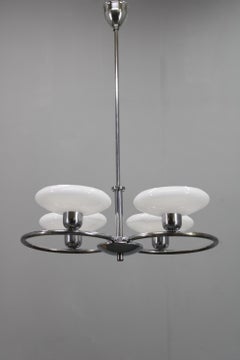 Mid-Century Chrome Chandelier with Milk-Glass Disc Shades, Czechoslovakia, 1950s