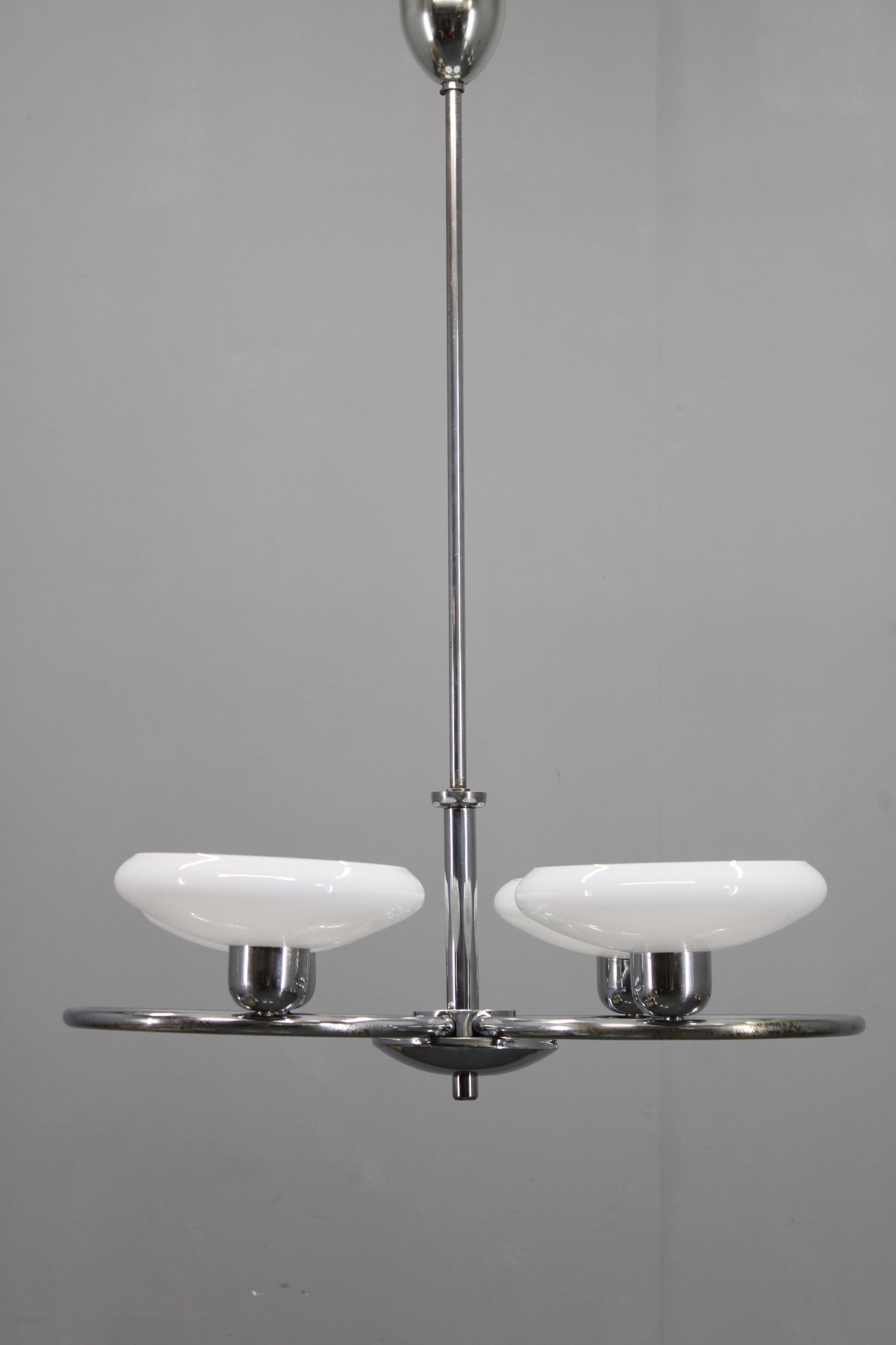 Mid-Century moderno Mid-Century Chrome Chandelier with Milk-Glass Disc Shades, Czechoslovakia, 1950s in vendita