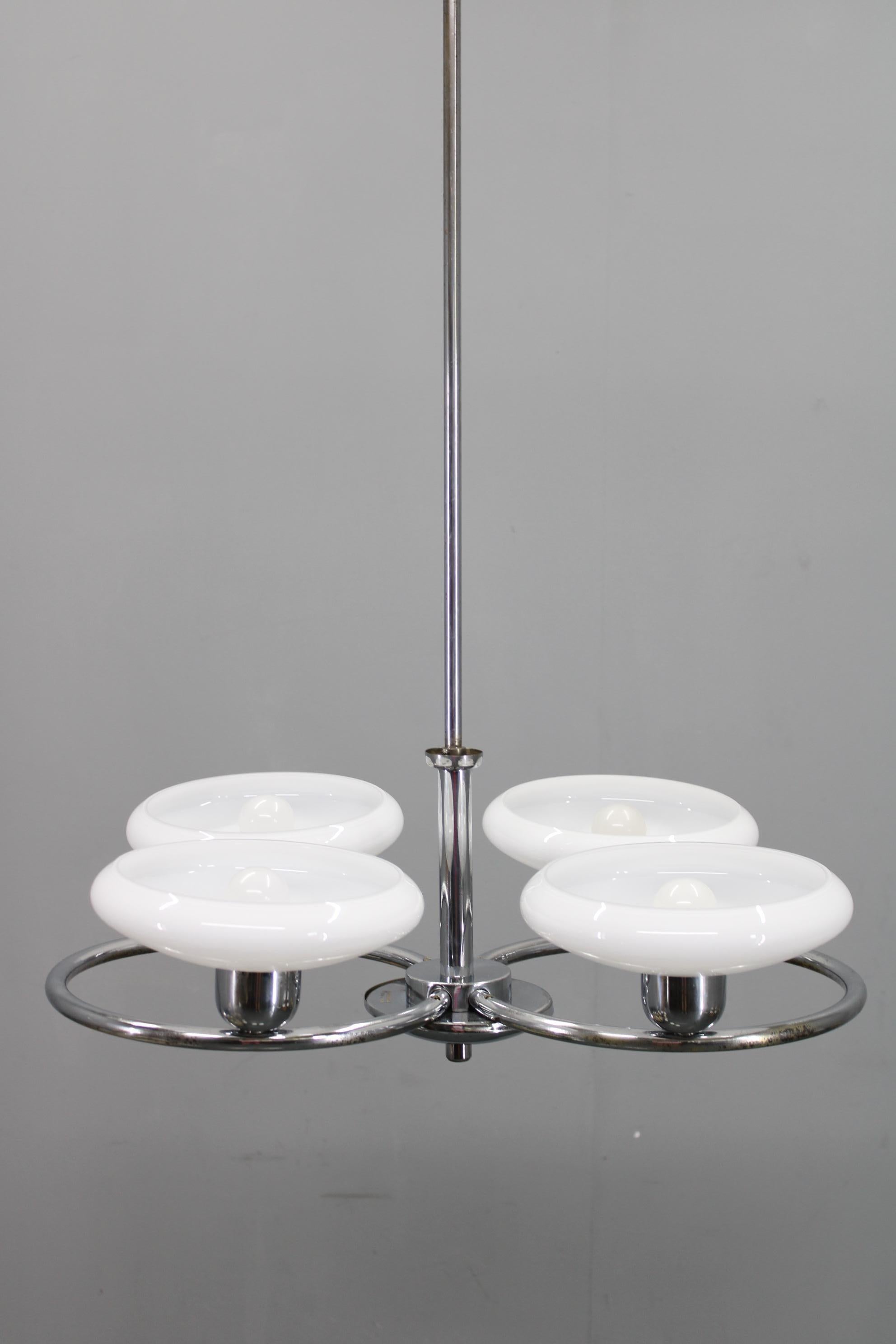 Ceco Mid-Century Chrome Chandelier with Milk-Glass Disc Shades, Czechoslovakia, 1950s in vendita