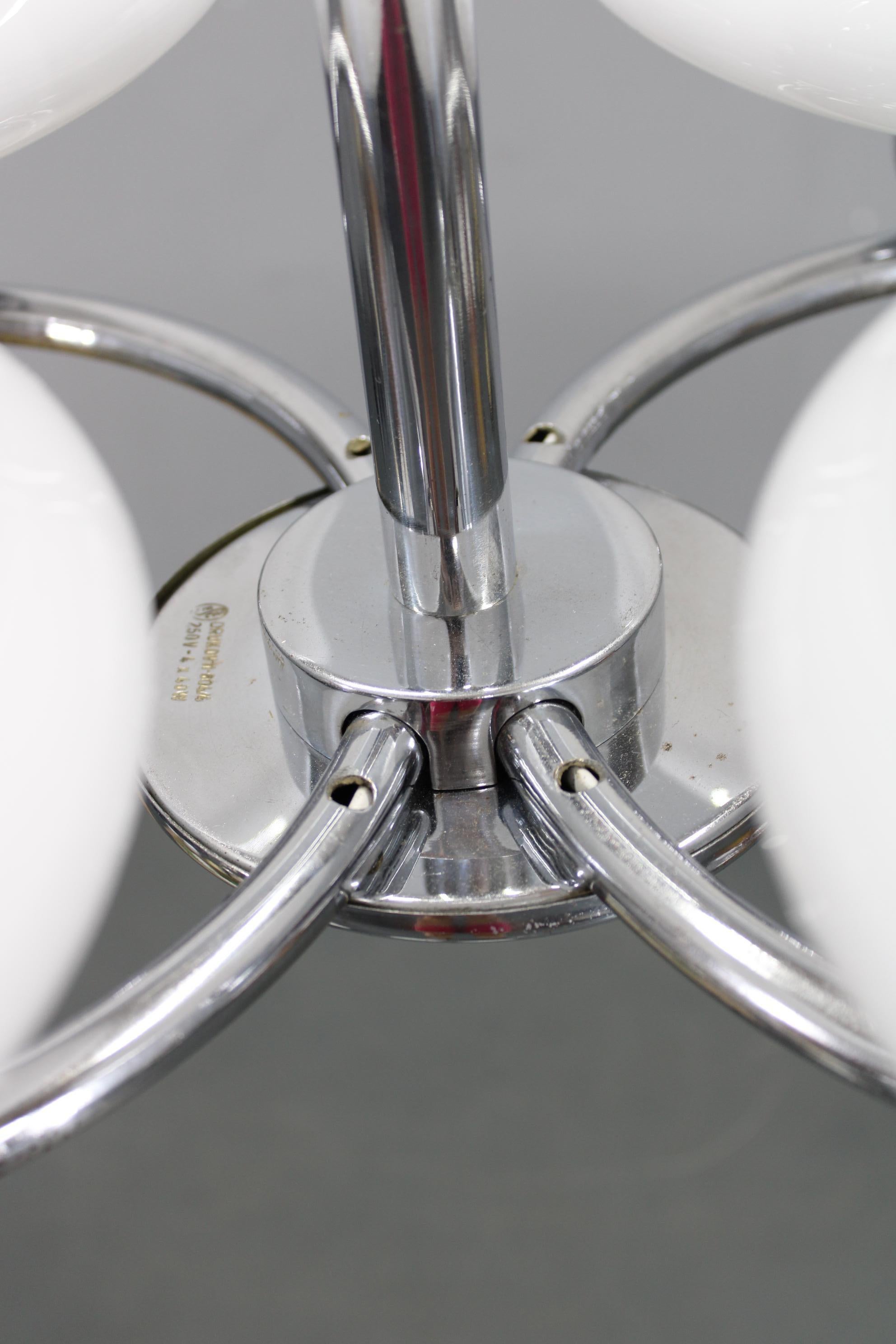 Metà XX secolo Mid-Century Chrome Chandelier with Milk-Glass Disc Shades, Czechoslovakia, 1950s in vendita