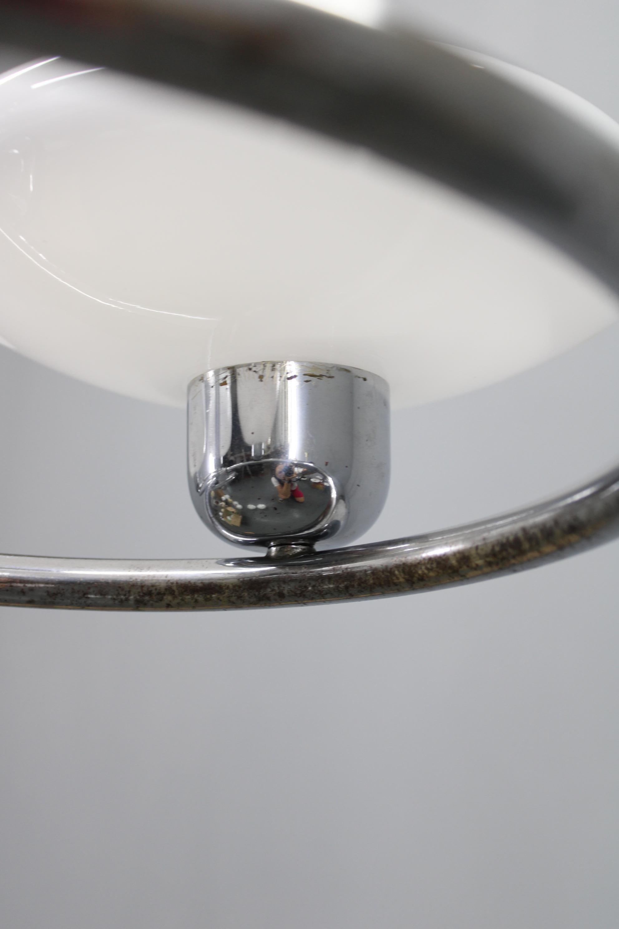 Mid-Century Chrome Chandelier with Milk-Glass Disc Shades, Czechoslovakia, 1950s in vendita 1