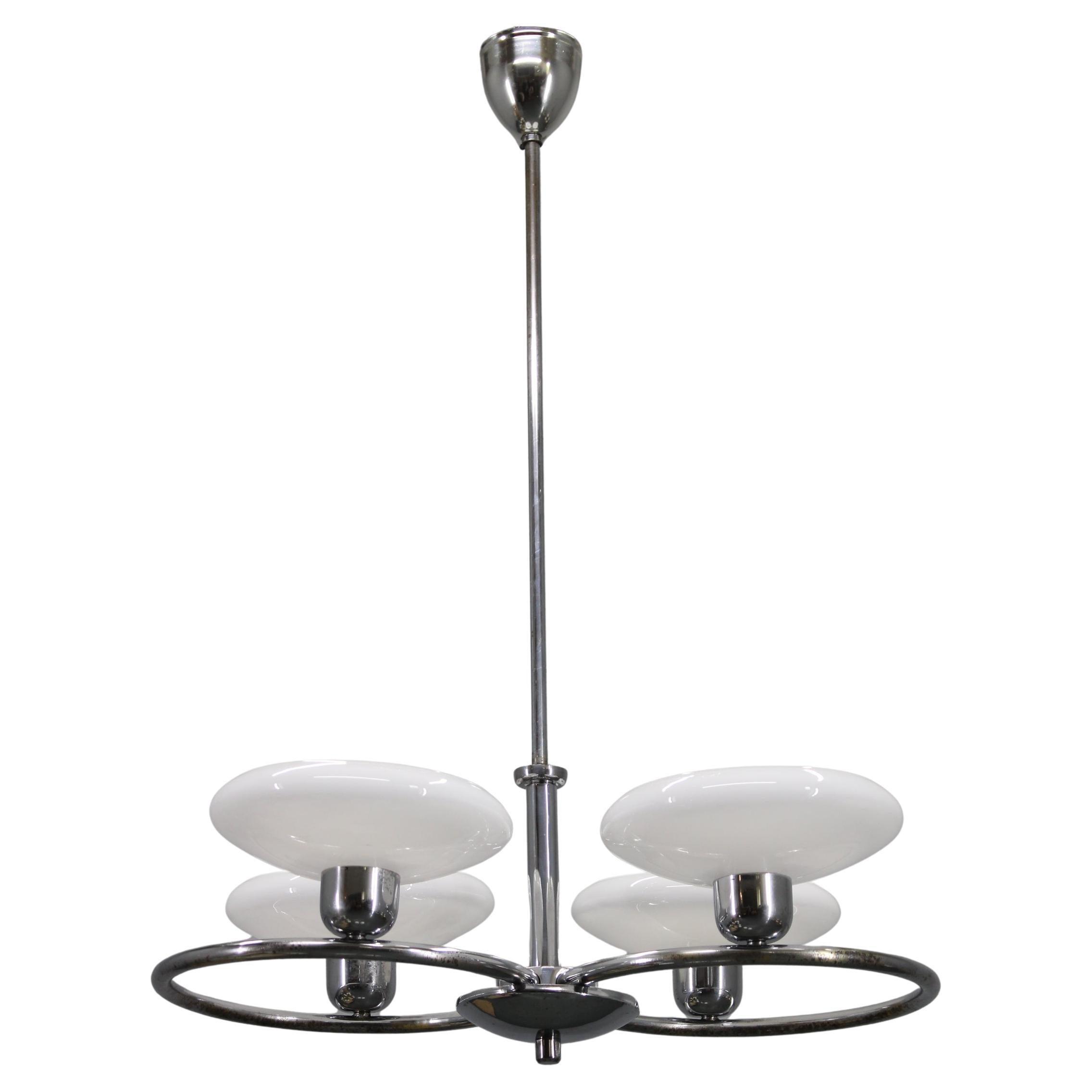 Mid-Century Chrome Chandelier with Milk-Glass Disc Shades, Czechoslovakia, 1950s in vendita