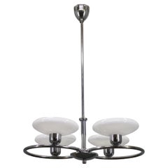 Mid-Century Chrome Chandelier with Milk-Glass Disc Shades, Czechoslovakia, 1950s