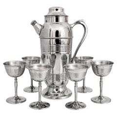 Mid-Century Chrome Cocktail Set, Shaker & Six Coupe Goblets, 1950s