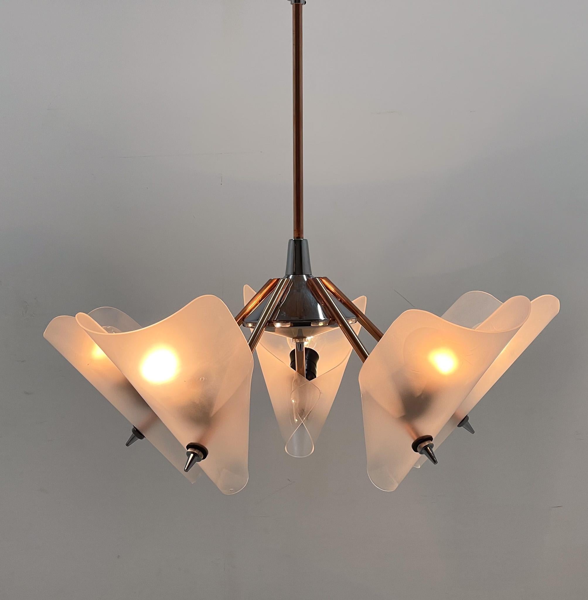 Mid-Century Chrome, Copper & Plastic Chandelier by Drukov, 1970s / 2 Pieces Avl For Sale 7